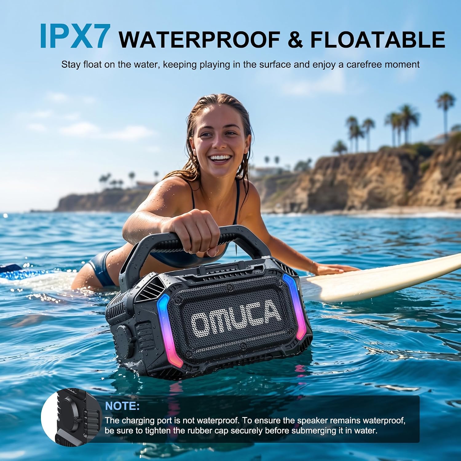 Detalle de OMUCA 100W Bluetooth Portable Speaker (IPX7, Floatable, RGB Light, 20H) – Black