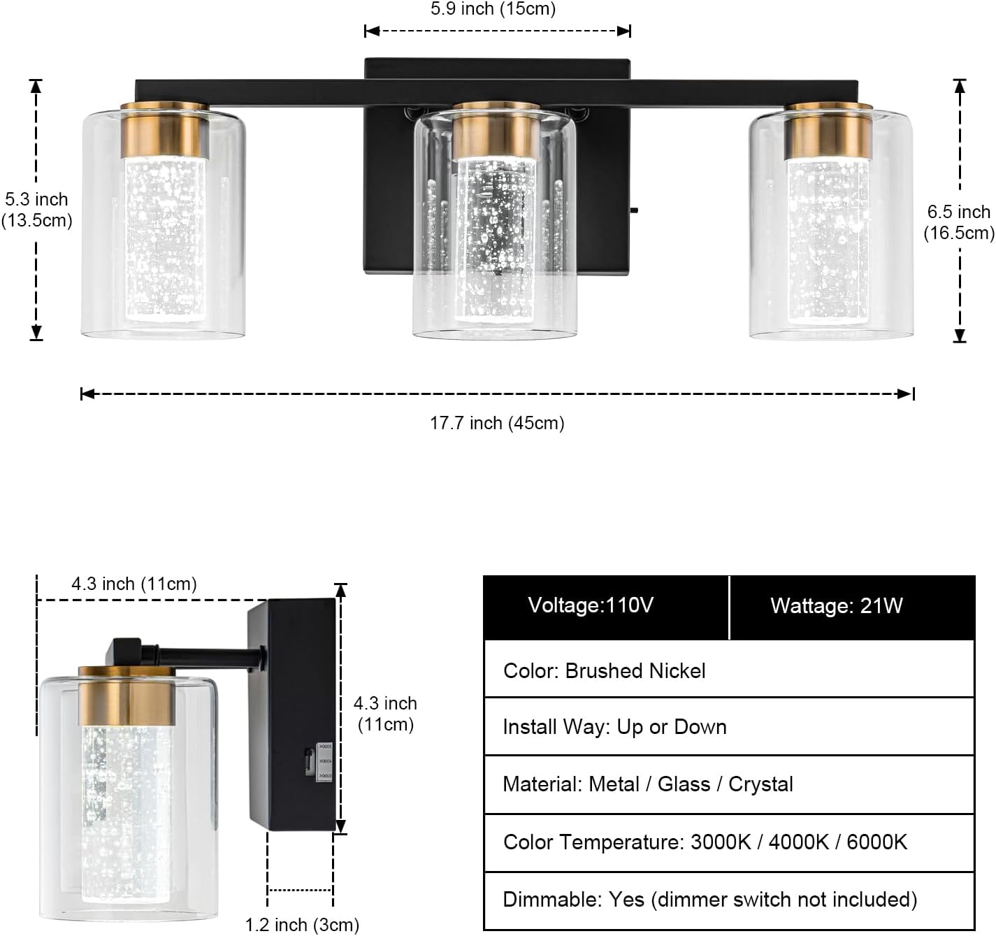 Detalle 2 de SineRise a6ca2b1c-22fd-4691-99f6-5eeed2f84787 3-Light Vanity Light, Black and Gold