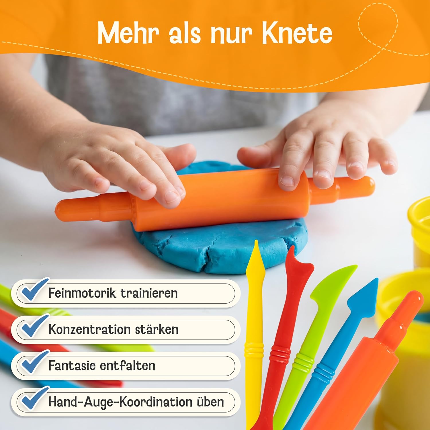 Detalle de Veganes Knete-Set für Kinder ab 1 Jahr – 10 Farben, 5 Werkzeuge, 10 Vorlagen