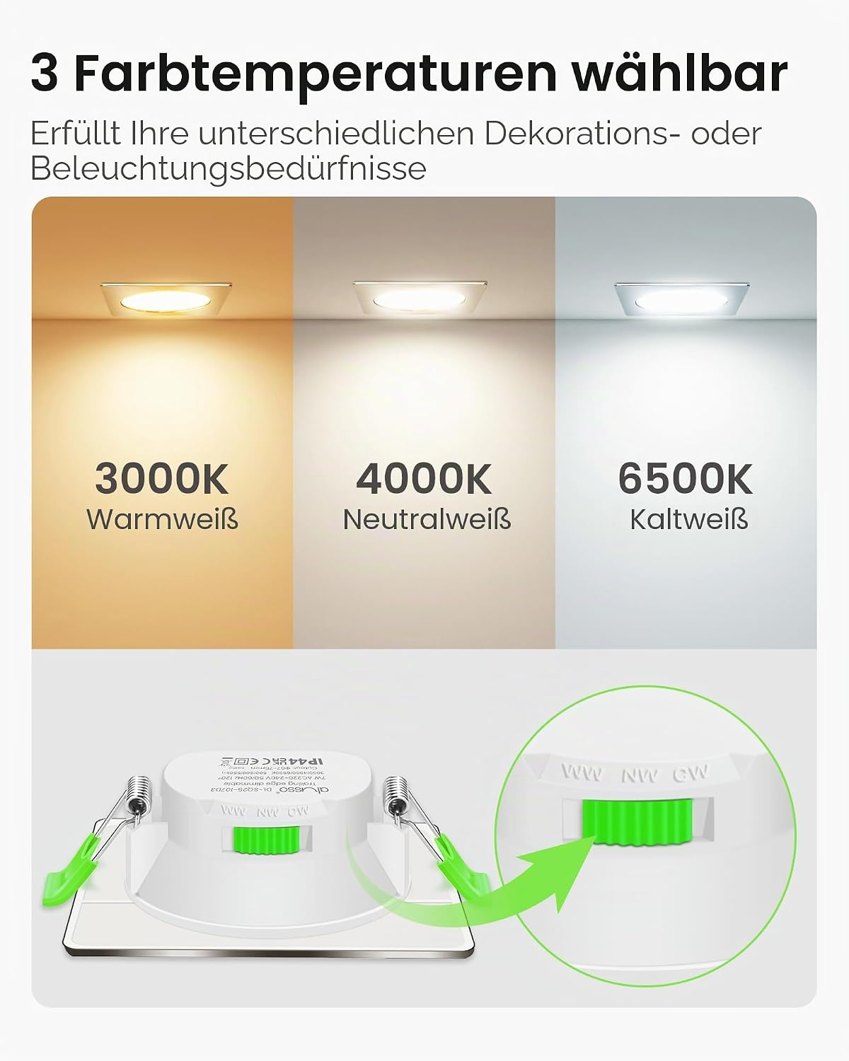 Thumbnail 2 de ALUSSO LED Einbaustrahler 230V eckig dimmbar, 7 W, IP44 (12er-Set) – 3 Farbtemperaturen wählbar, flach 68 mm, Nickel gebürstet