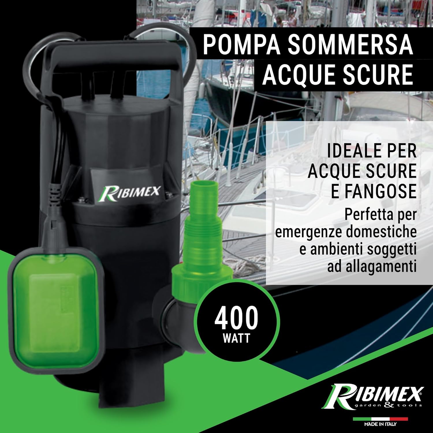 Thumbnail 1 de Ribimex Pompa sommersa per acque scure con particelle fino a 25 mm – PRPVC400C, 9.500 L/h, 400 W
