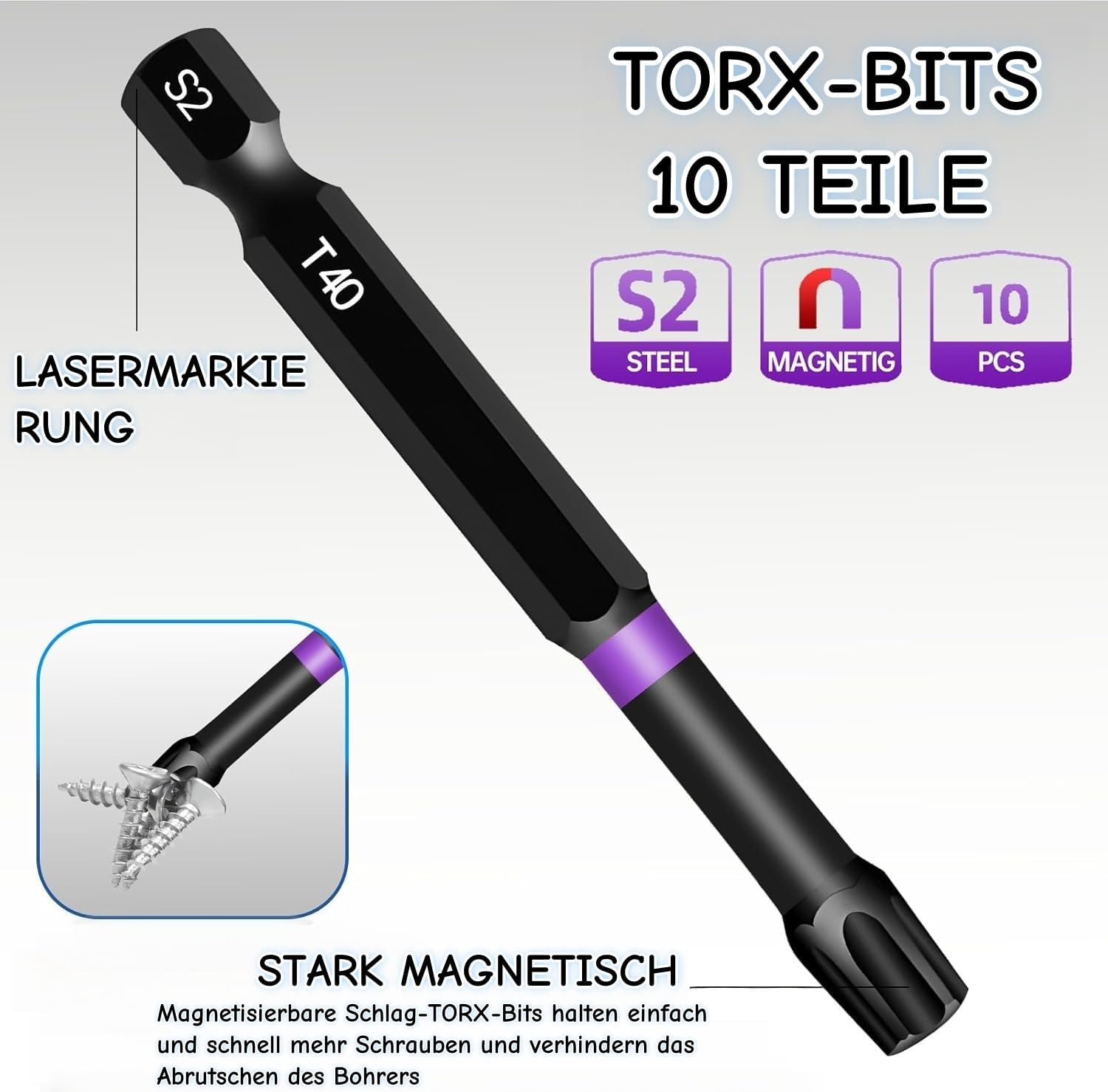 Detalle de KASAFE DE-75T Torx-bits, 70 mm, magnetiska spetsar och S2-stål