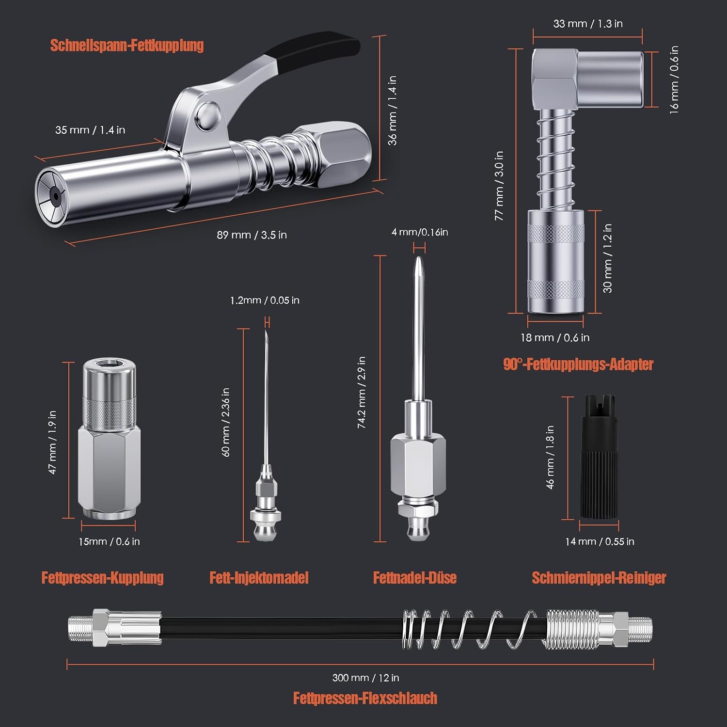 Detalle 2 de TRILINK Fettpresse Mundstück Set – 8-teiliges Zubehörset mit Schnellkupplung, 90° Adapter und Schlauch
