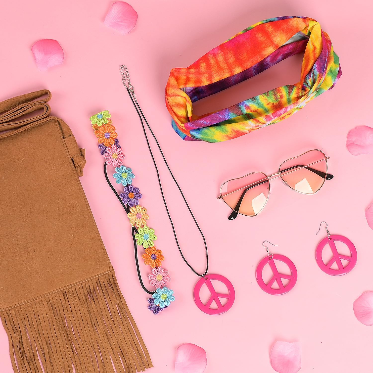 Thumbnail 6 de iZoeL 70s Hippie Costume Set for Women and Men – Batik Poncho, Headbands, Peace Necklace & Accessories