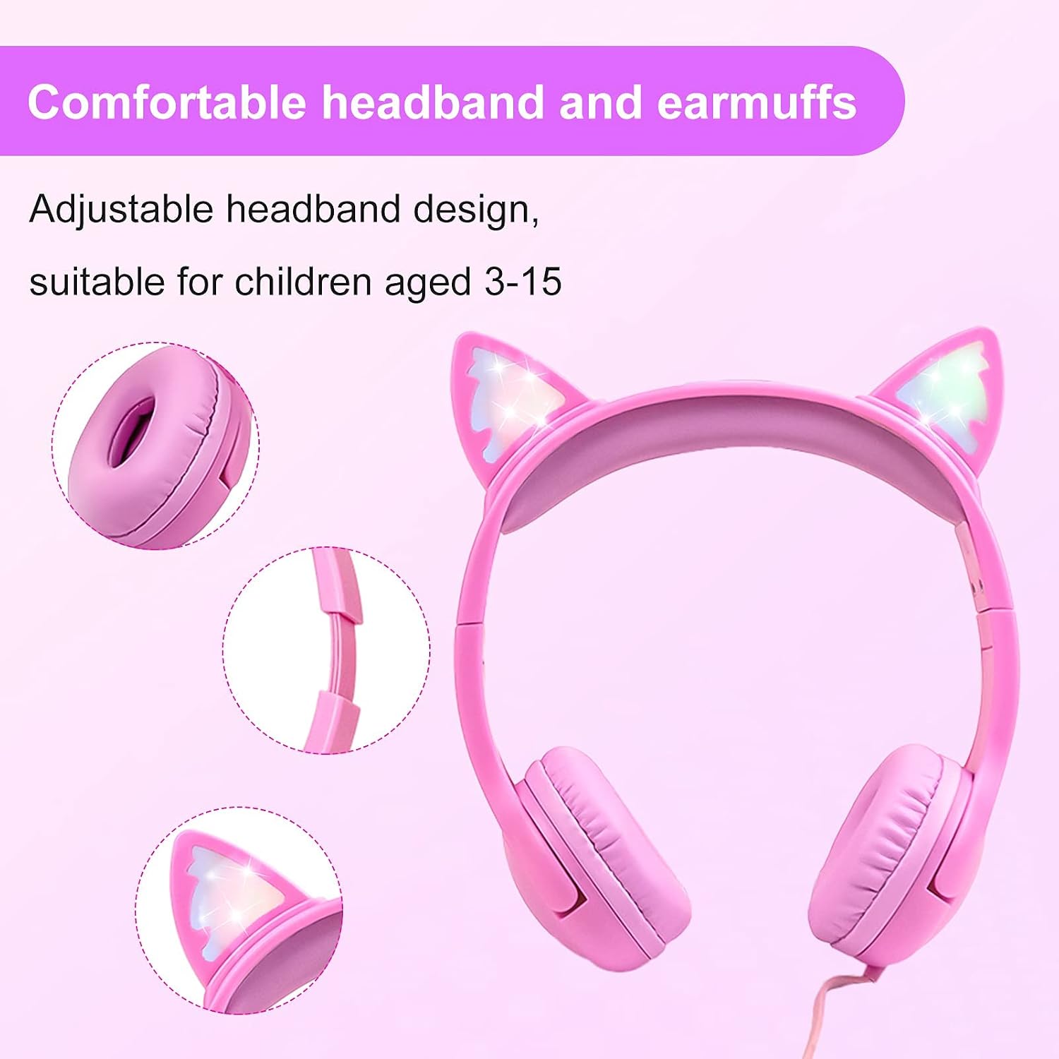 Thumbnail 4 de Olyre Kids Wired Headphones with Mic, LED Cat Ears (Pink) – Safe, Shared Audio for Young Learners