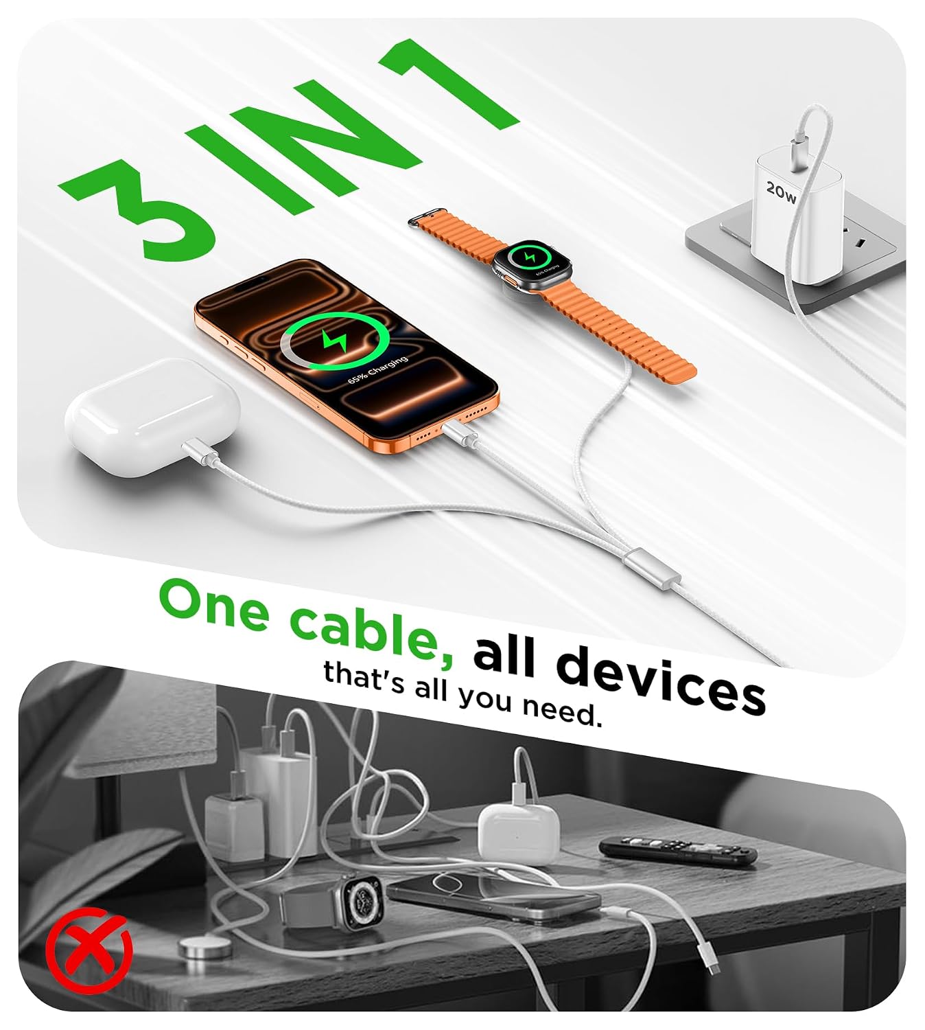 Detalle de toaksi W9-001 3-in-1 Charging Cable with 20W USB-C Charger, 4 ft