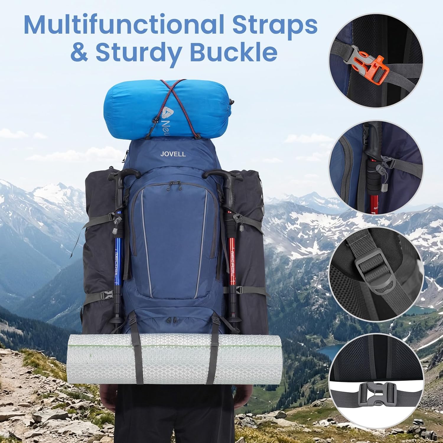 Detalle 2 de JOVELL 70L Zaino da Escursionismo con Copripioggia – 70 litri di capacità, comfort e versatilità per trekking e campeggio