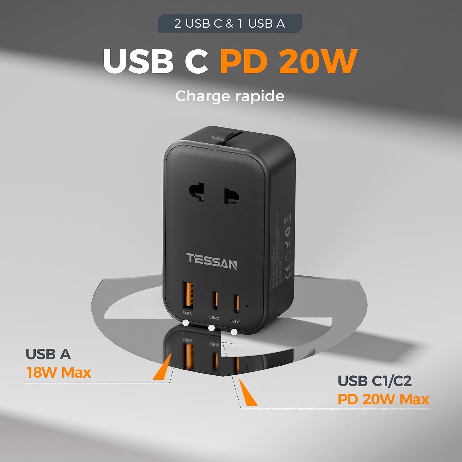 Detalle de TESSAN Adaptateur Prise Universelle PD 20W — Voyage 4-en-1 avec 2 USB-C et 1 USB-A