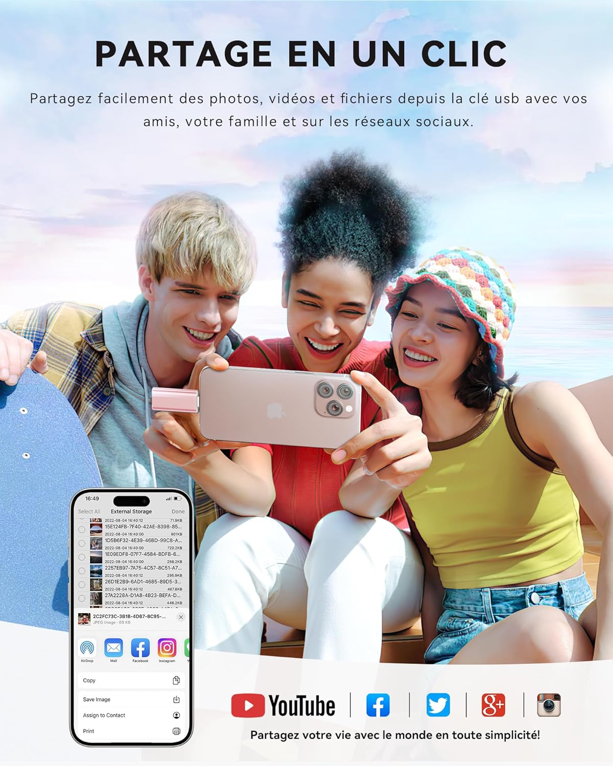 Thumbnail 5 de ROSPE Cle USB iPhone 128 Go, clé 3‑en‑1 pour iPhone/iPad/Type‑C