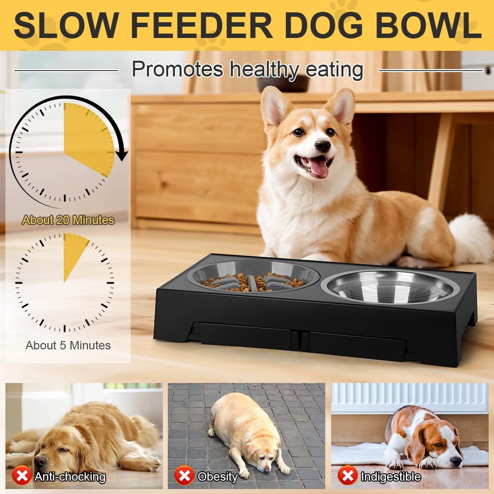 Detalle de AUYAO Gamelle Surélevée pour Chien – 5 hauteurs réglables avec 2 Bols en Acier Inoxydable (1100 ml) et Bol Slow Food (800 ml) – Support antidérapant