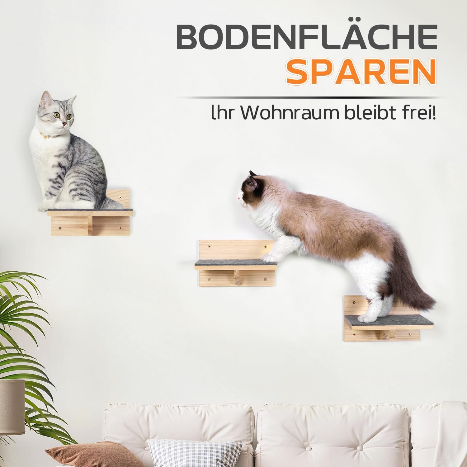 Detalle de Pawtasy Katzen-Kletterwand: 4er-Wand-Set aus Naturholz, stabil und platzsparend