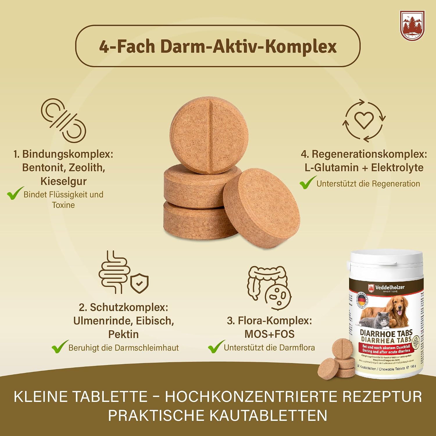 Detalle de Veddelholzer 50 Diarrhoe Kautabletten – Diät-Ergänzungsmittel für Hunde & Katzen mit Präbiotika & pflanzlichen Inhaltsstoffen