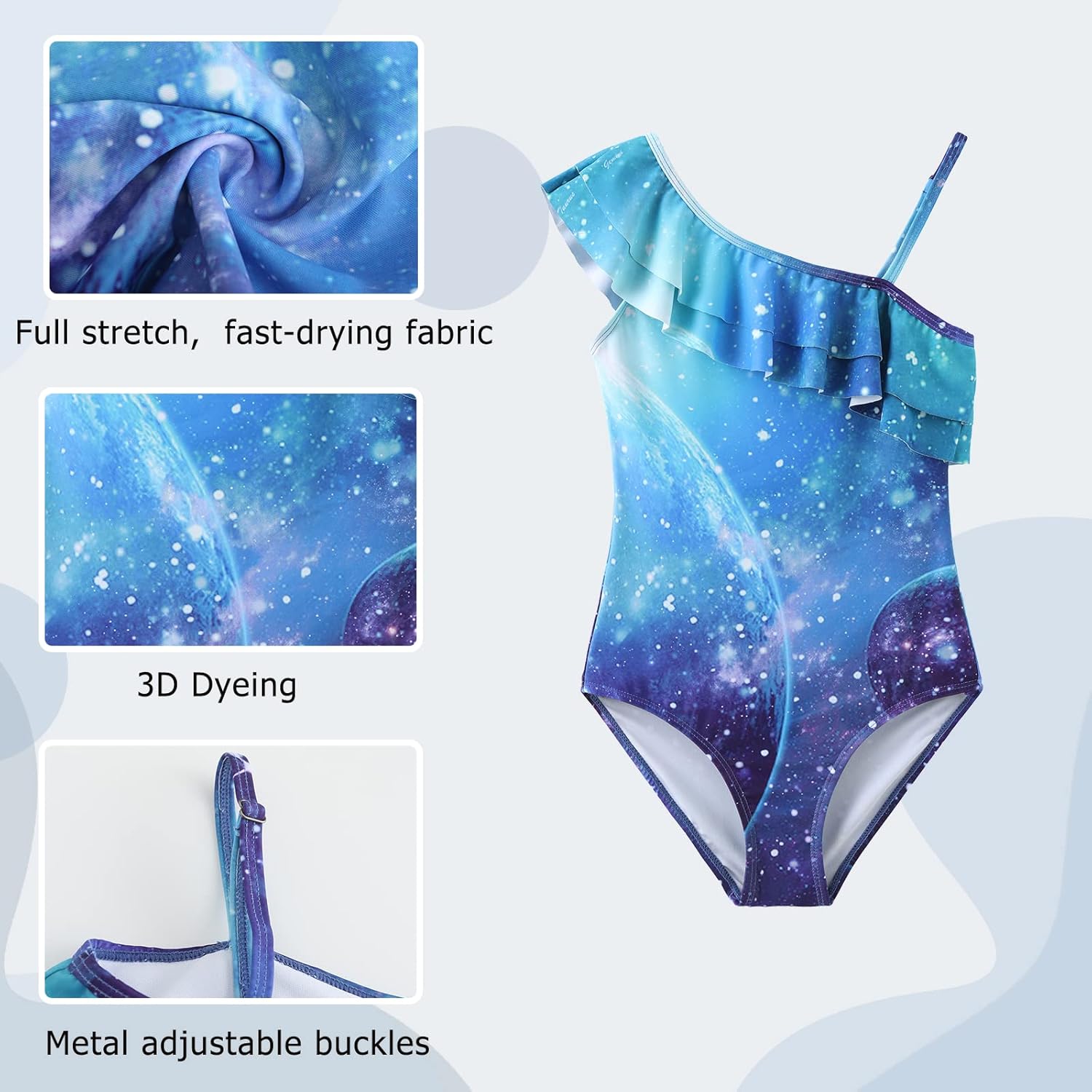 Thumbnail 2 de Aisyee Girls One-Shoulder Ruffle Mermaid-Style Swimsuit (3–16 Years)
