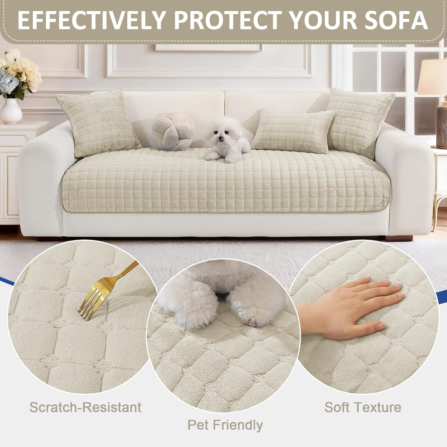 Thumbnail 6 de Ystyle copridivano in pile morbido antiscivolo per divani 1/2/3/4 posti e angolari con chaise longue (beige, 90x210 cm)
