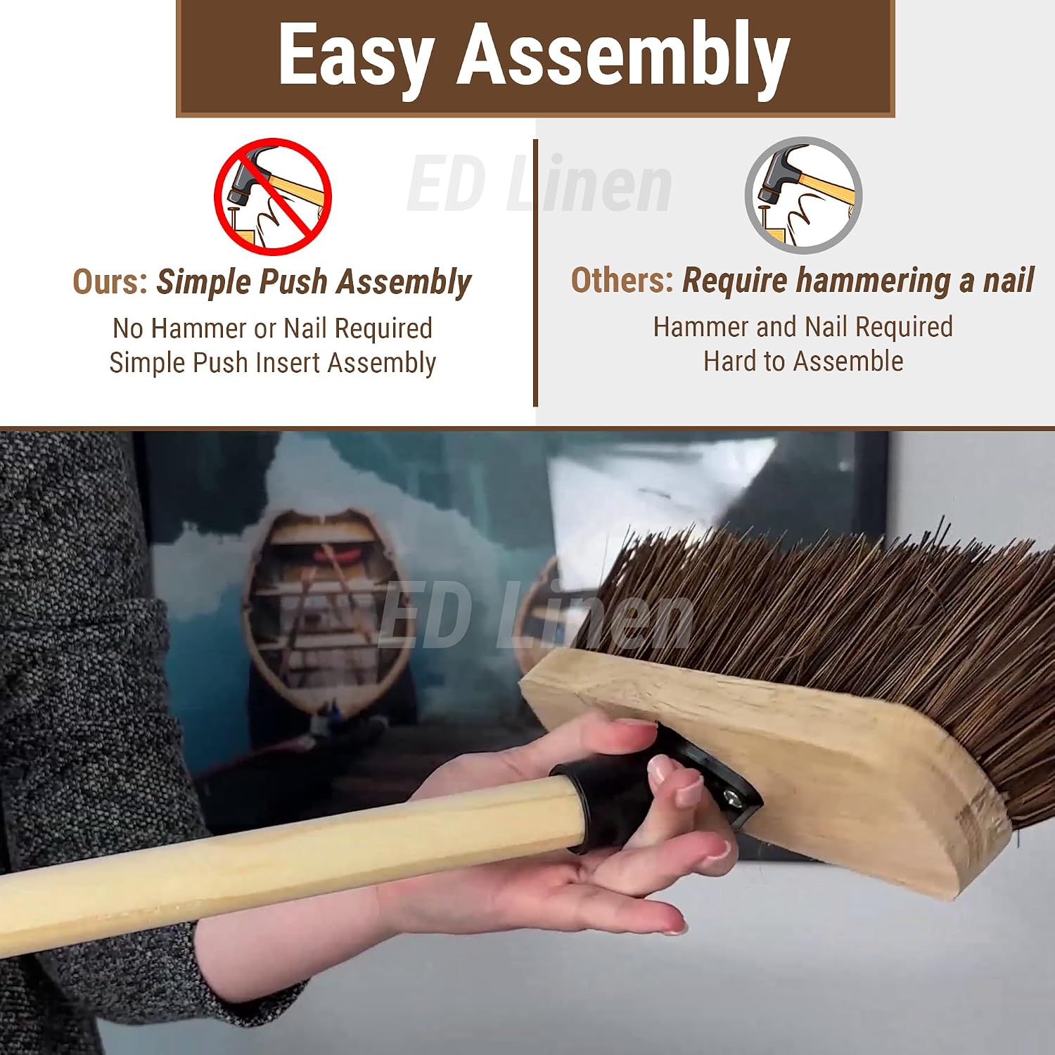 Thumbnail 4 de 10” Outdoor Garden Broom with Wooden Handle by ED LINEN – Heavy-Duty Bassine Bristles