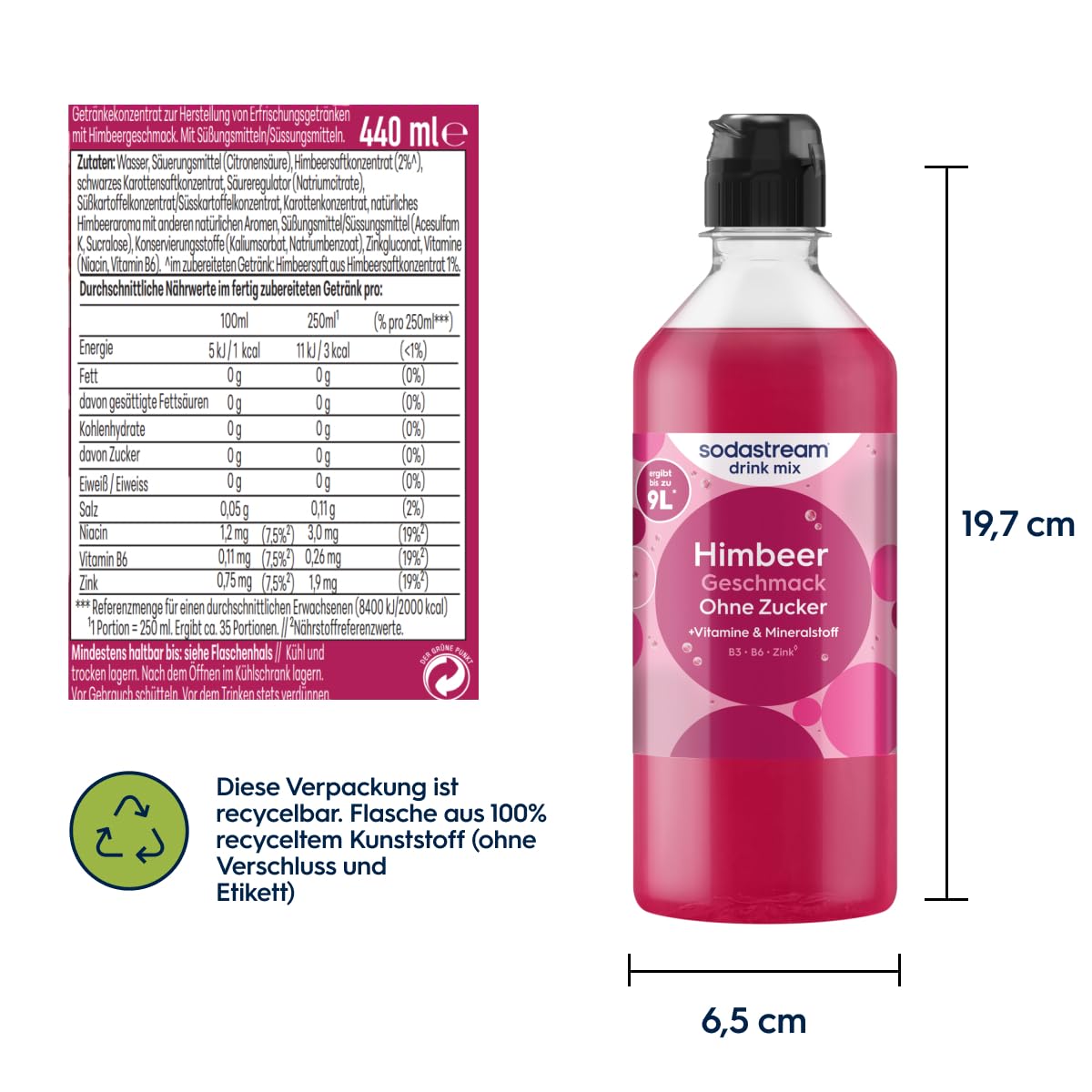 Detalle 2 de Sodastream drink mix Himbeere ohne Zucker – 4er Pack (4 × 440 ml) mit Vitaminen & Mineralstoffen