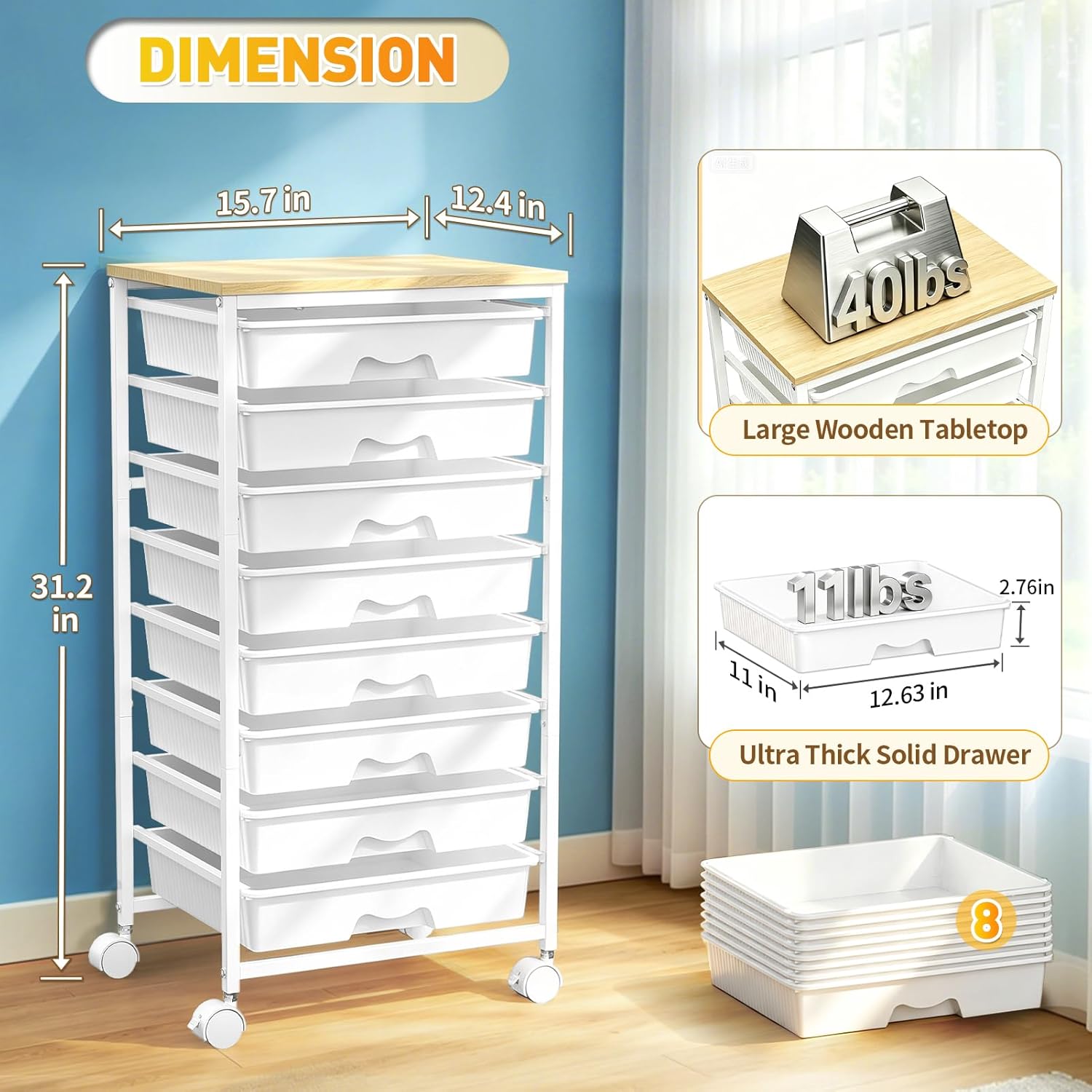 Detalle 2 de SUNALLY SN-SDC08W 8-Drawer Rolling Storage Cart with Wooden Top, White