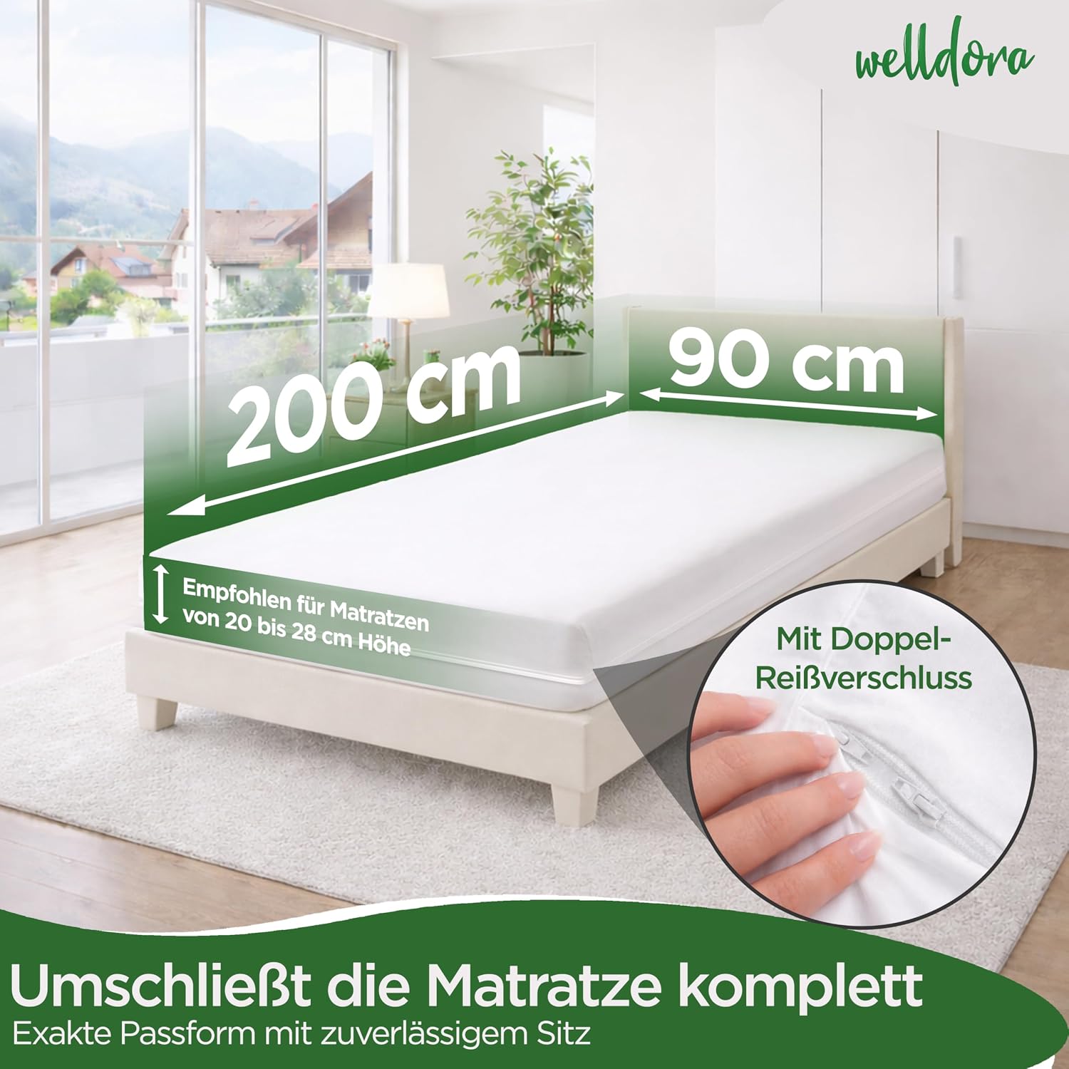 Detalle 2 de Welldora Premium Milbenbezug Matratzen 90x200x28 cm – Anti-Milben Encasing mit Reißverschluss
