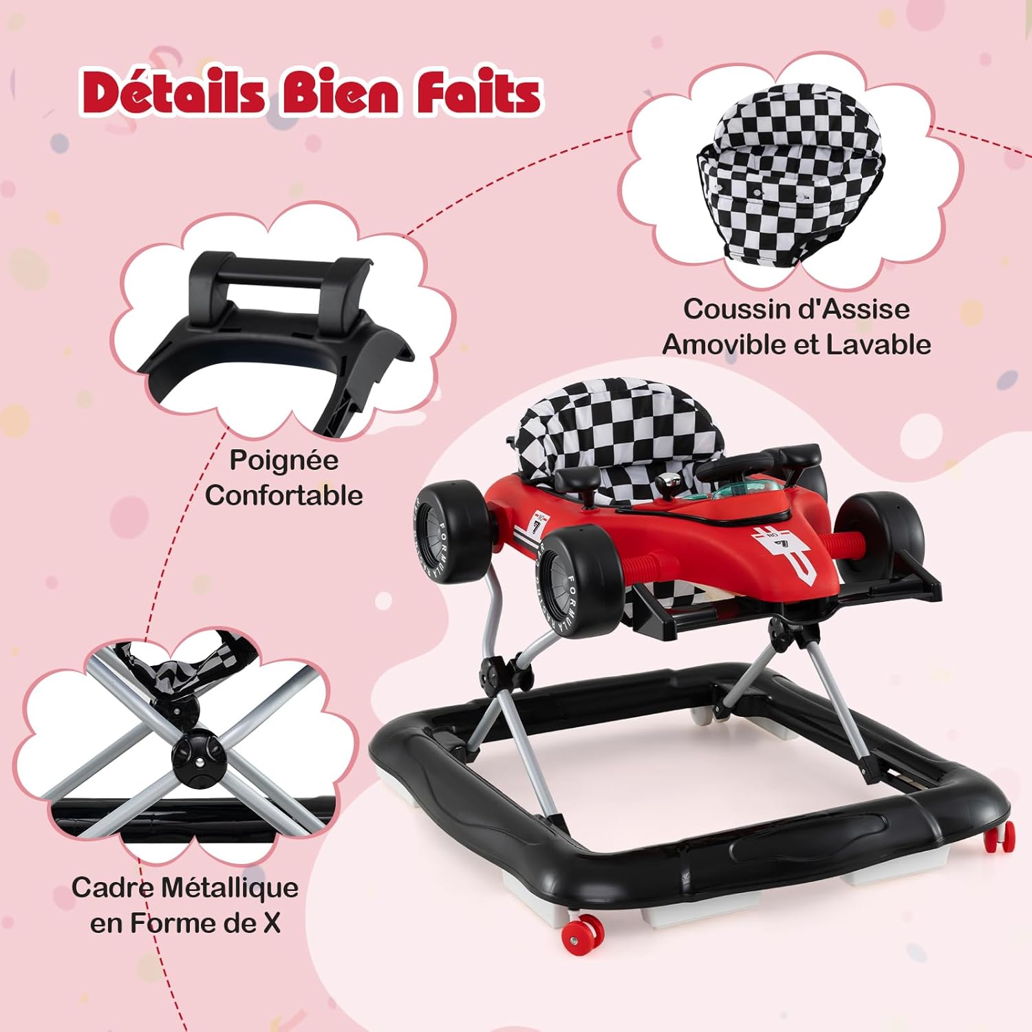 Thumbnail 6 de GOPLUS Trotteur bébé garçon 4 en 1 pliable, 3 hauteurs réglables (rouge) – musique et lumières