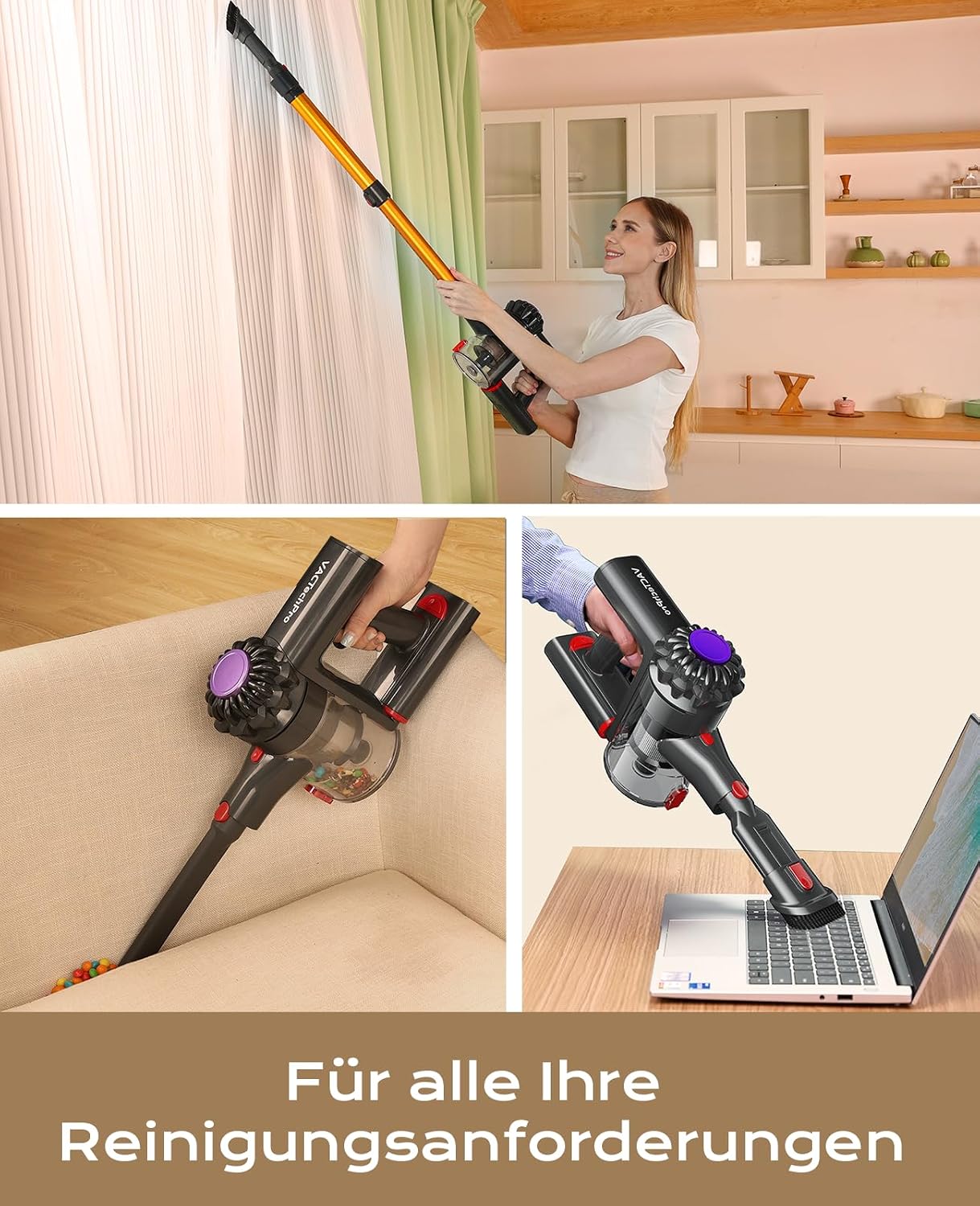 Detalle de VACTechPro Akku-Staubsauger kabellos mit 35KPa, abnehmbarem Akku und 6-in-1-Zubehör