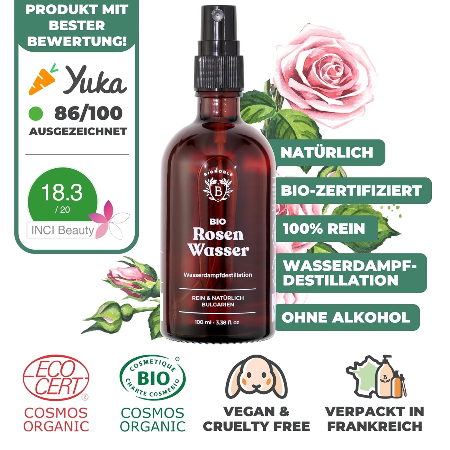 Thumbnail 1 de BIONOBLE Rosenwasser Bio – Gesicht, Haare und mehr in einer Glasflasche (100 ml)