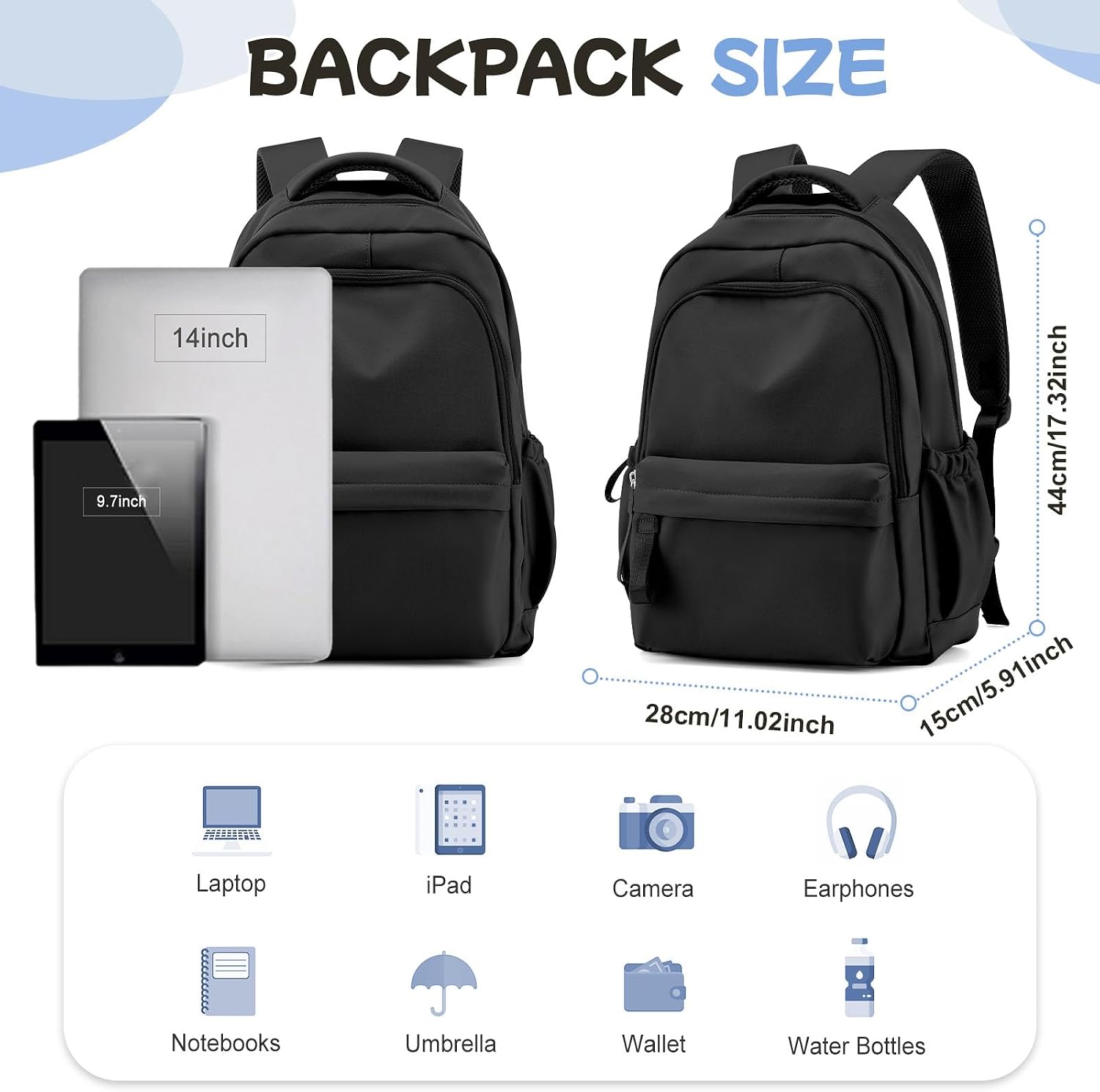 Thumbnail 2 de WEPLAN School Backpack: Lightweight 18.5L Daypack with Anti-Theft Pocket (C2-Black)