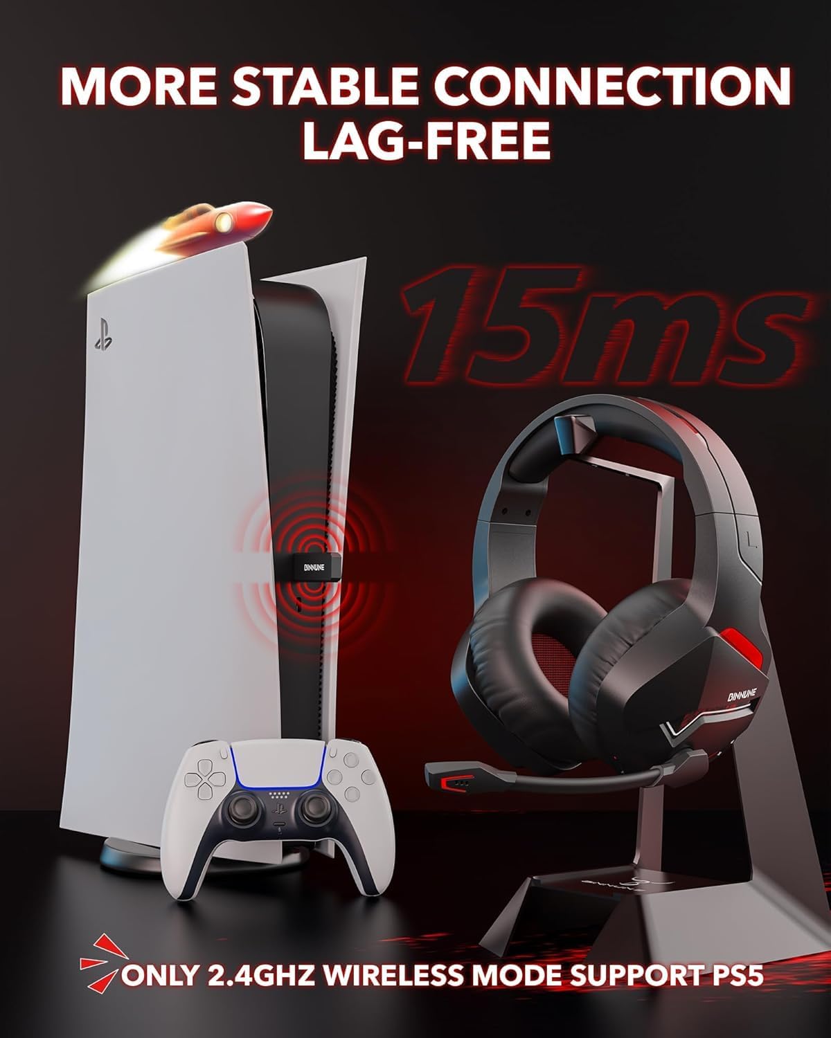 Thumbnail 1 de BINNUNE Wireless Gaming Headset for PS5/PC with 2.4GHz + Bluetooth 5.3, 120H Battery, Noise-Canceling Mic (Black)