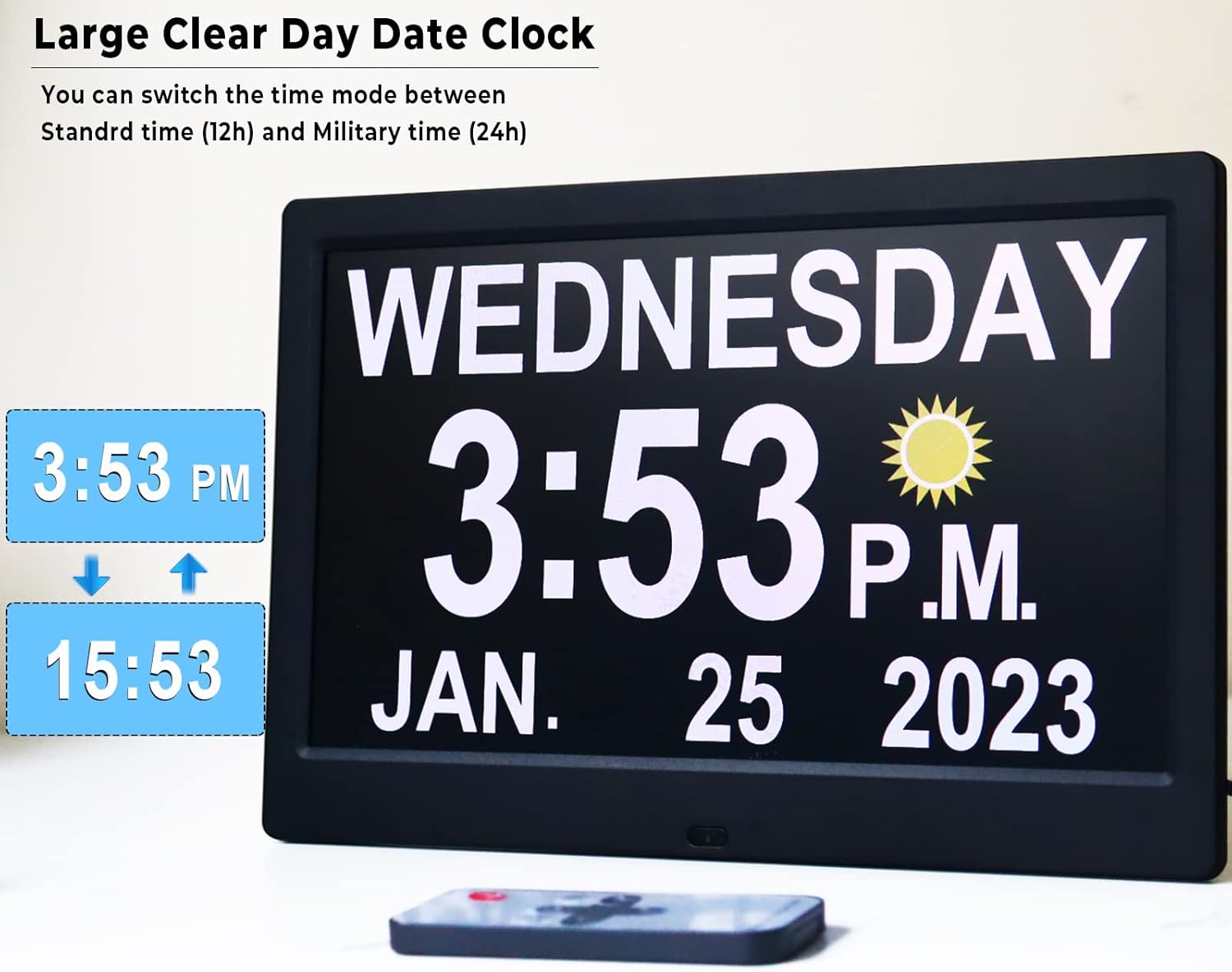 Detalle de Véfaîî 10" Large Digital Clock with DST, Sun/Moon Icons, Reminders and Calendar – Ideal for Seniors