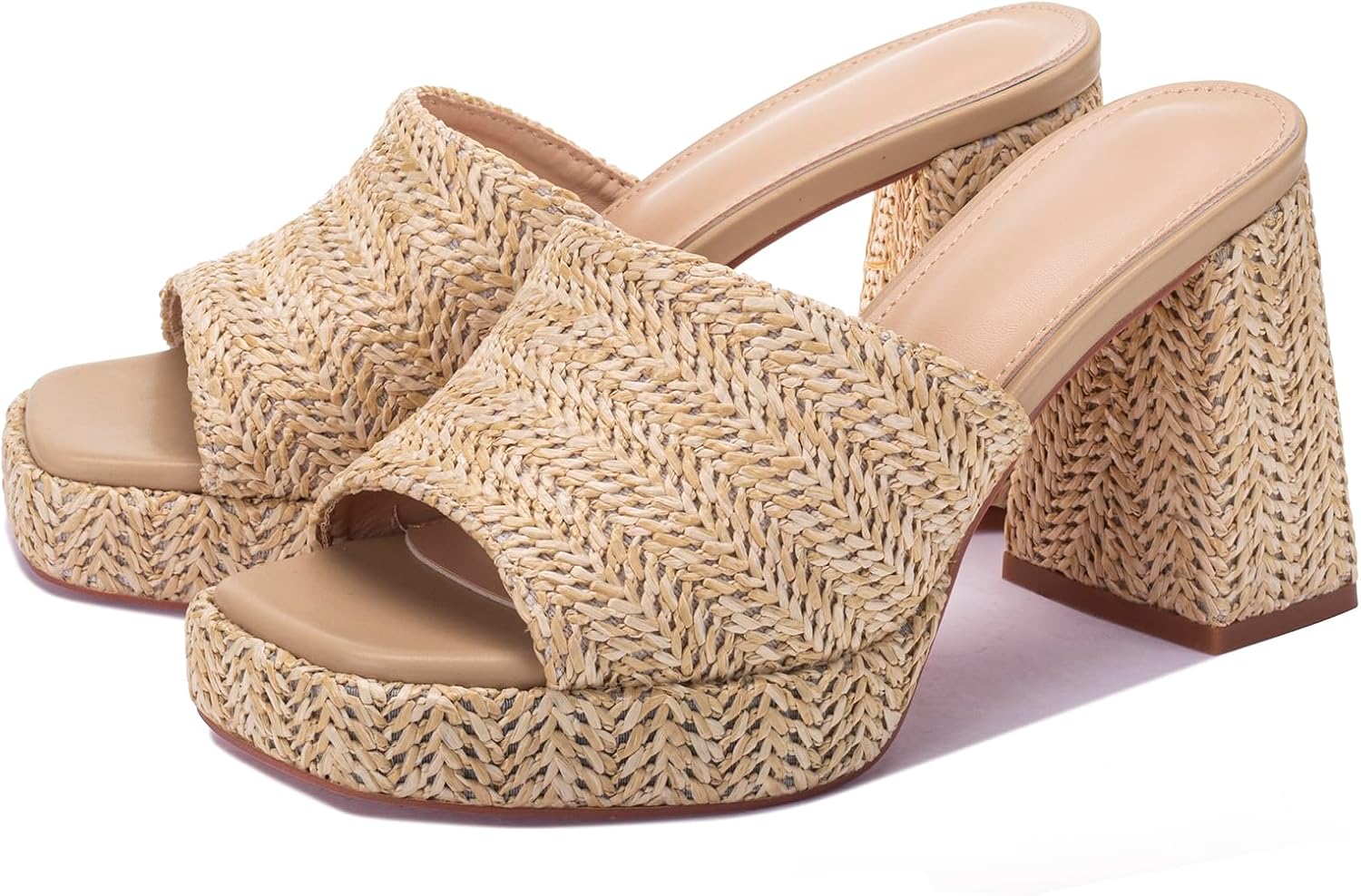 Detalle de Monrovia Raffia Heeled Sandals for Women — Platform Wedge Slip-On Open-Toe Sandals