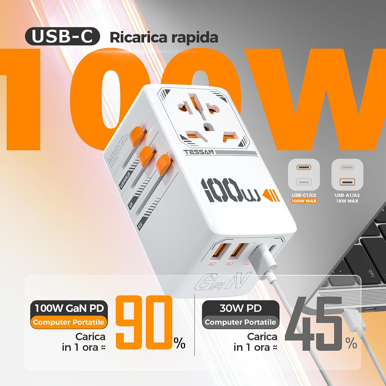 Detalle de TESSAN 100W GaN Adattatore Universale da Viaggio: carica 5 dispositivi con una sola presa