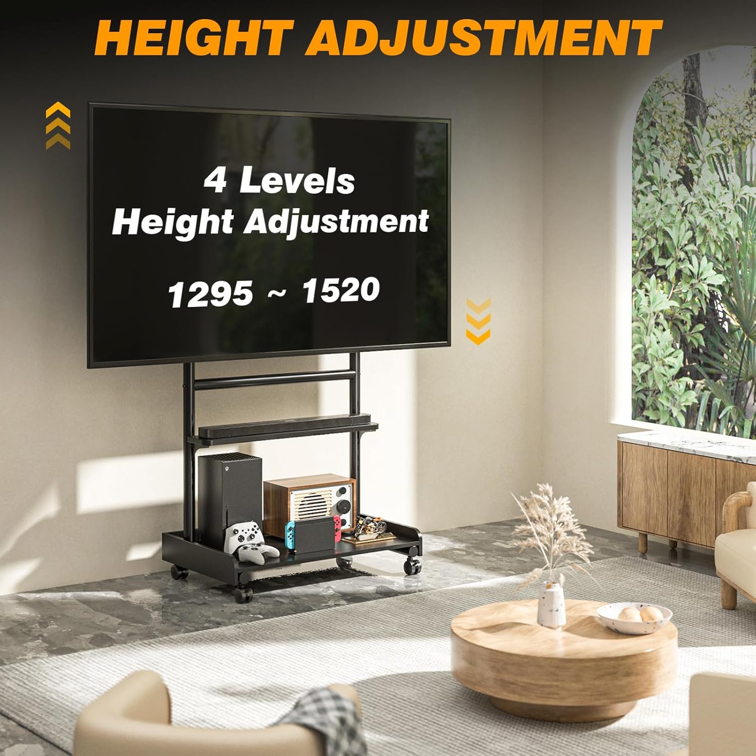 Thumbnail 2 de TVON support TV sur pied à roulettes pour écrans 40 à 86 pouces, hauteur réglable et socle en bois (VESA jusqu’à 600x400)