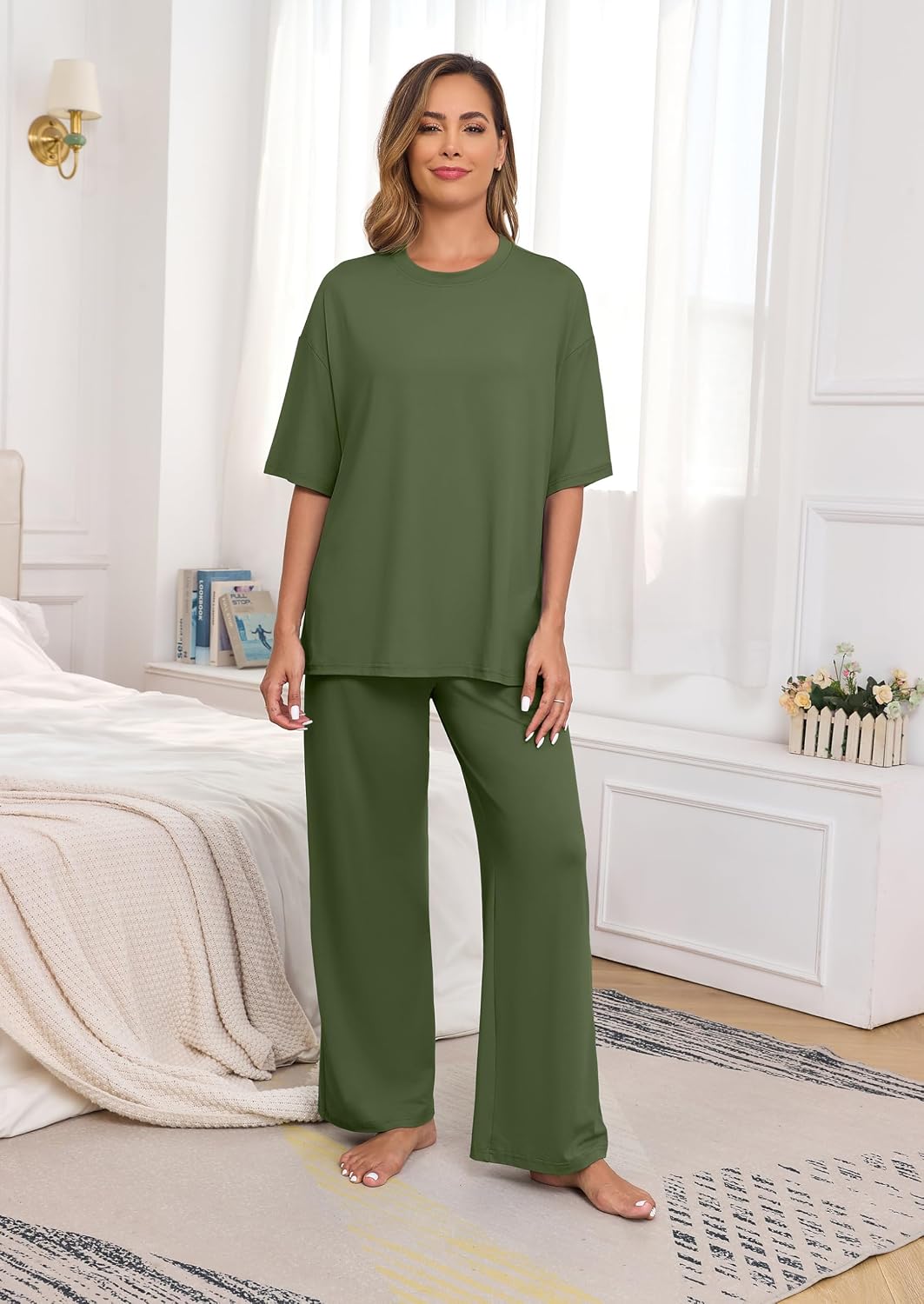 Detalle 2 de VINTATRE Womens Pajama Set, Short-Sleeve Top, Long Pants, Pockets, S-2XL