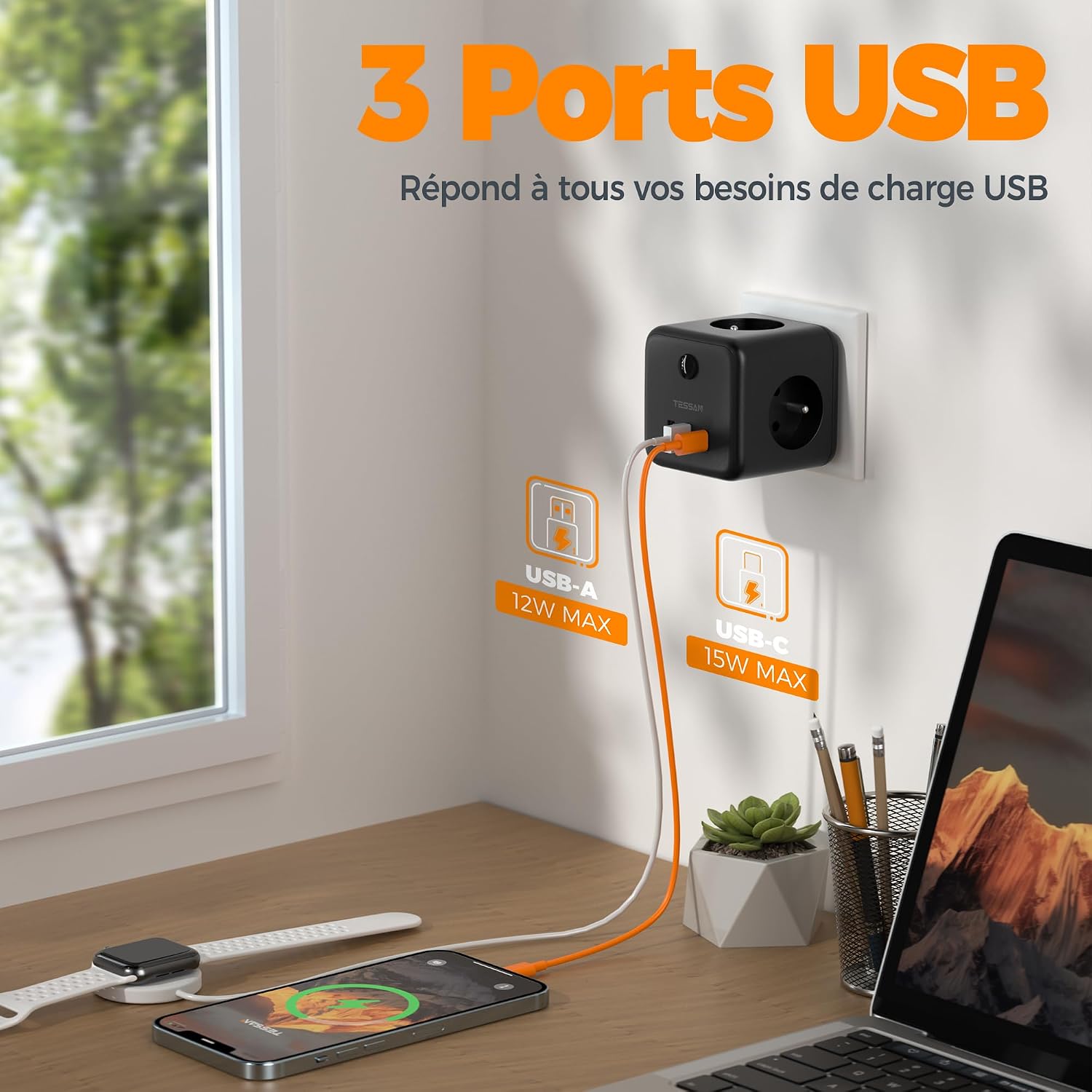 Detalle de TESSAN 6 en 1 Chargeur USB C 15W et Multiprise Murale 3 Sorties AC – Cube Noir