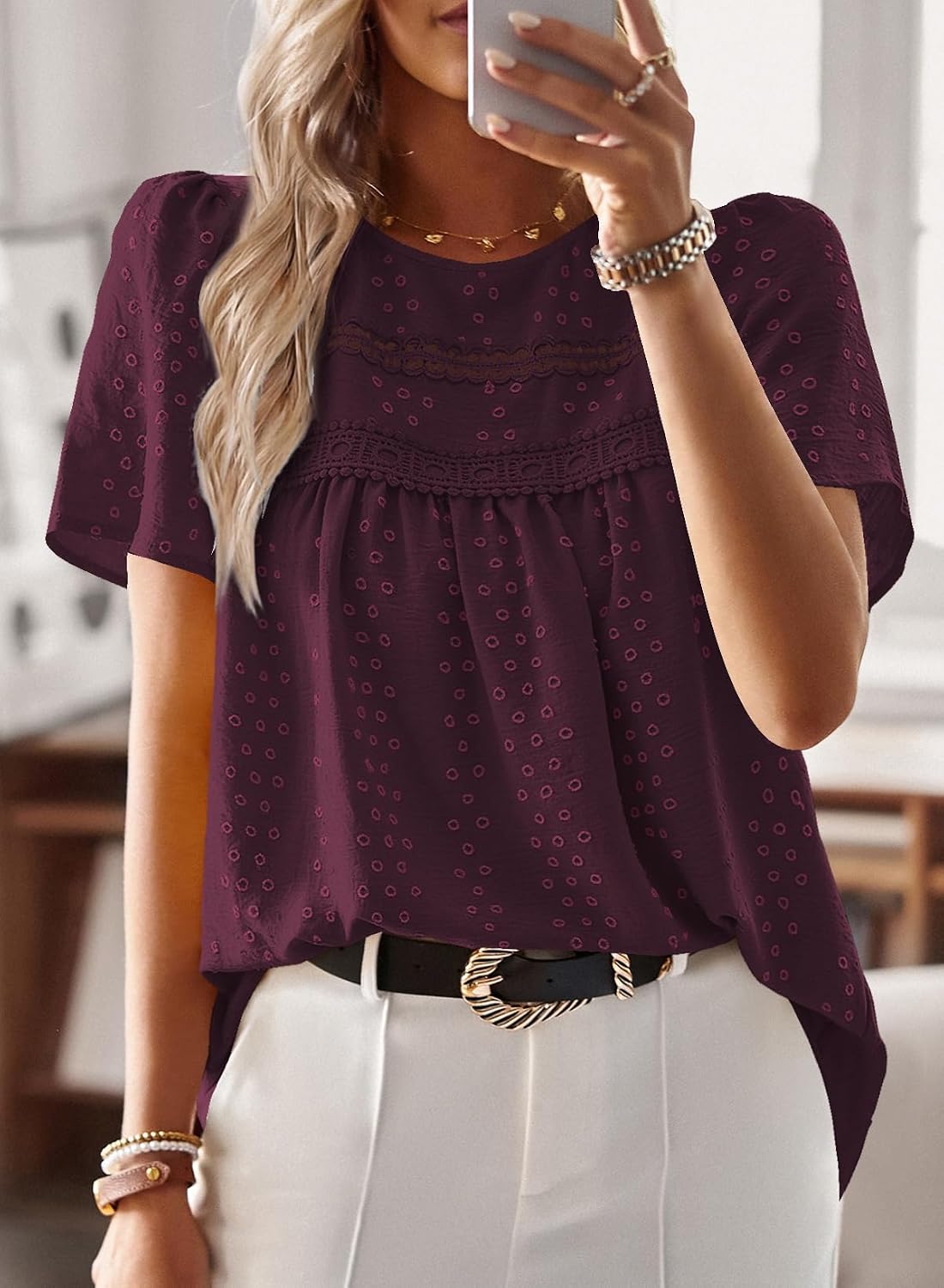 Detalle de Falechay Boho Tops for Women Swiss-Dot Babydoll Blouse, Short Sleeve