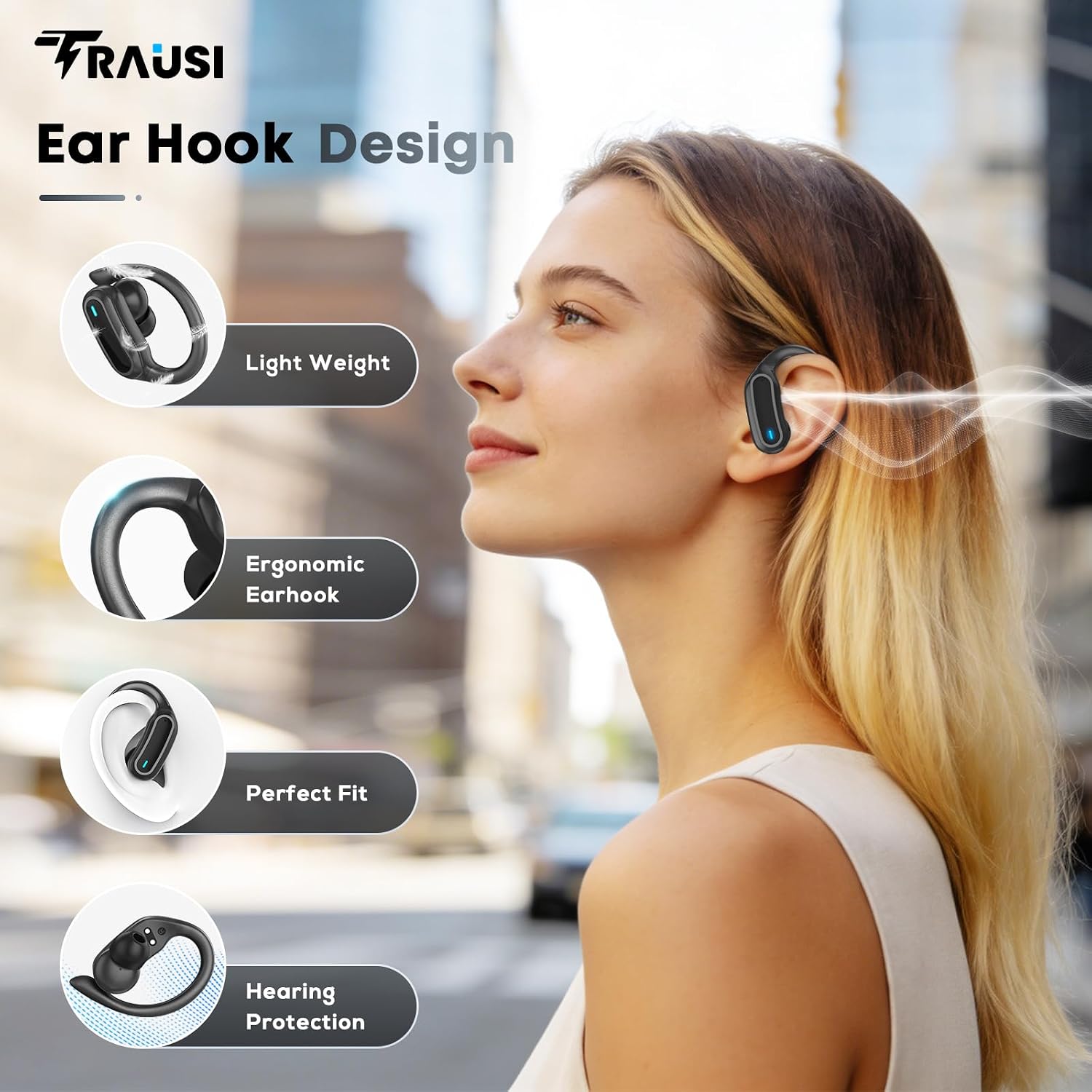 Detalle de TRAUSI i27 Wireless Earbuds with Earhooks, 54-Hour Case Playback and IPX7