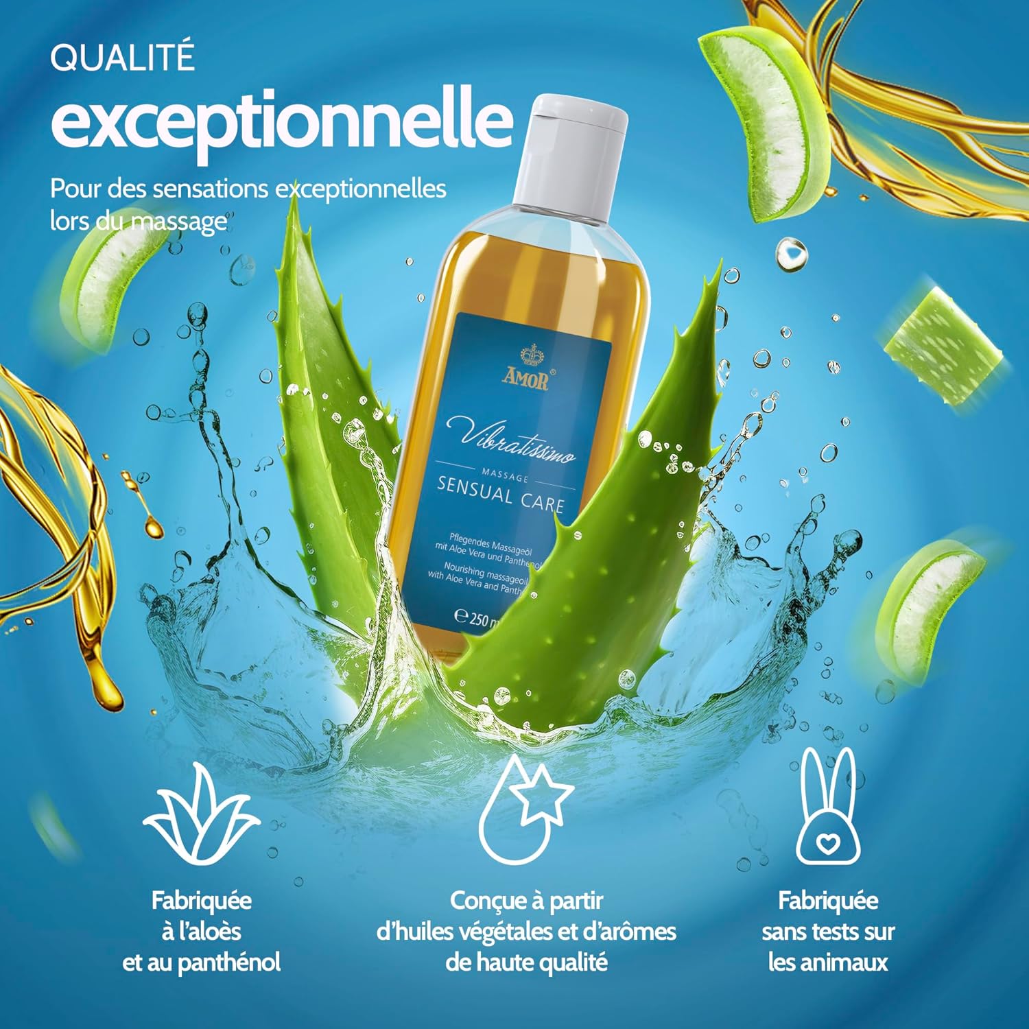 Detalle de Vibratissimo Sensual Care — Huile de massage nourrissante à l’aloe vera, 250 ml
