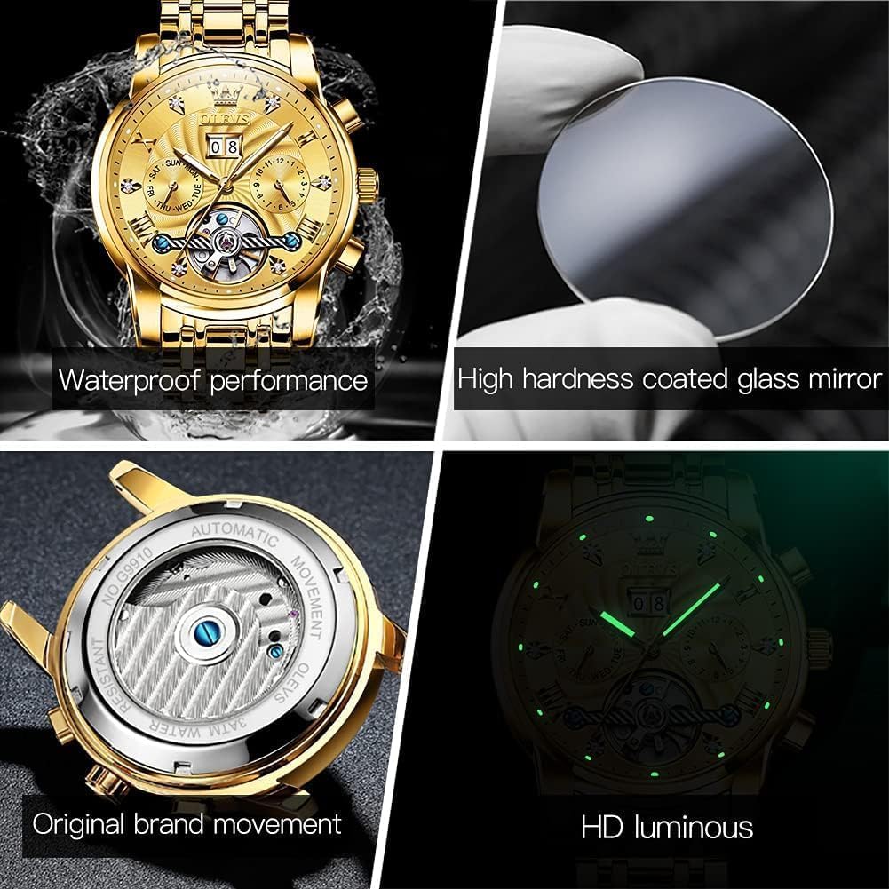 Detalle 2 de OUPINKE Herrenautomatik Skelett-Tourbillon Armbanduhr mit Diamanten, wasserdicht bis 30 m und Leuchtzeigern