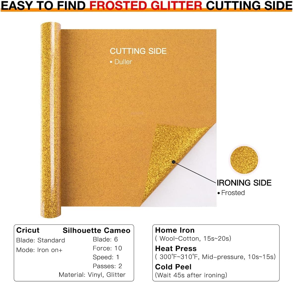 Thumbnail 4 de HTVRONT Gold Glitter HTV Vinyl for Shirts 10" x 8ft