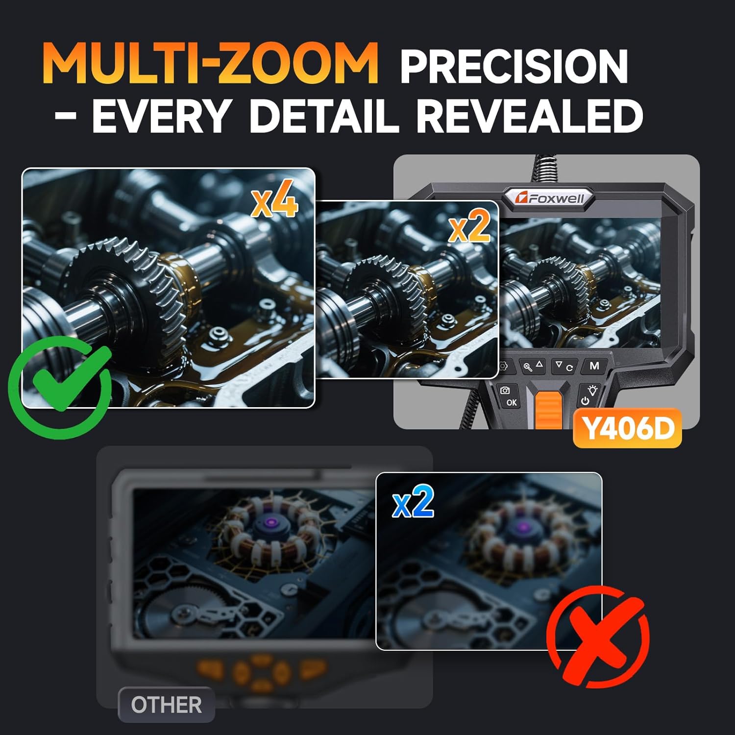 Thumbnail 6 de FOXWELL 6.5mm Slim Dual-Lens 220° Two-Way Articulating Borescope (Y406D) with IPS HD Screen