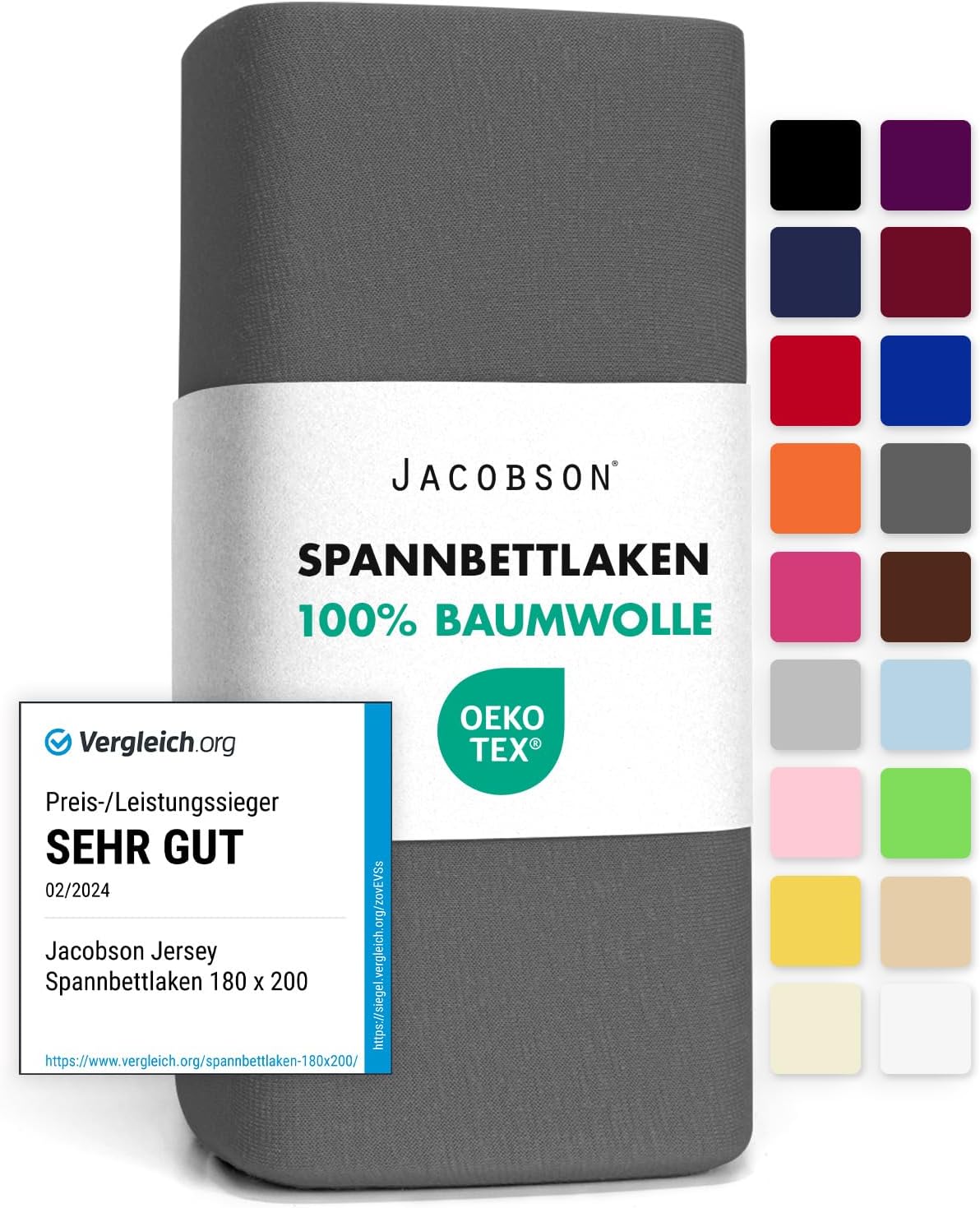 Detalle de Jacobson Jersey Spannbettlaken 140x200–160x200 cm aus Baumwolle, Anthrazit – Jersey-Spannbettlaken von JACOBSON