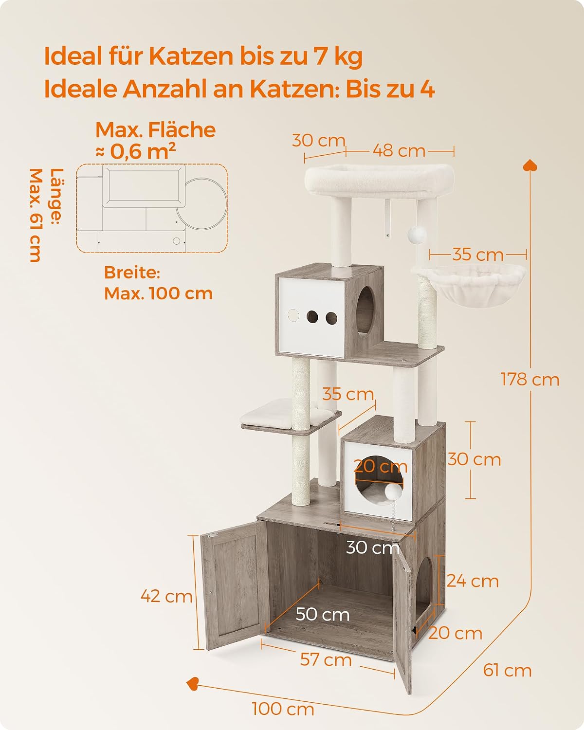 Detalle de Feandrea Kratzbaum mit Katzenklo-Schrank – kompakter Katzenbaum, 178 cm, Greige/Weiß