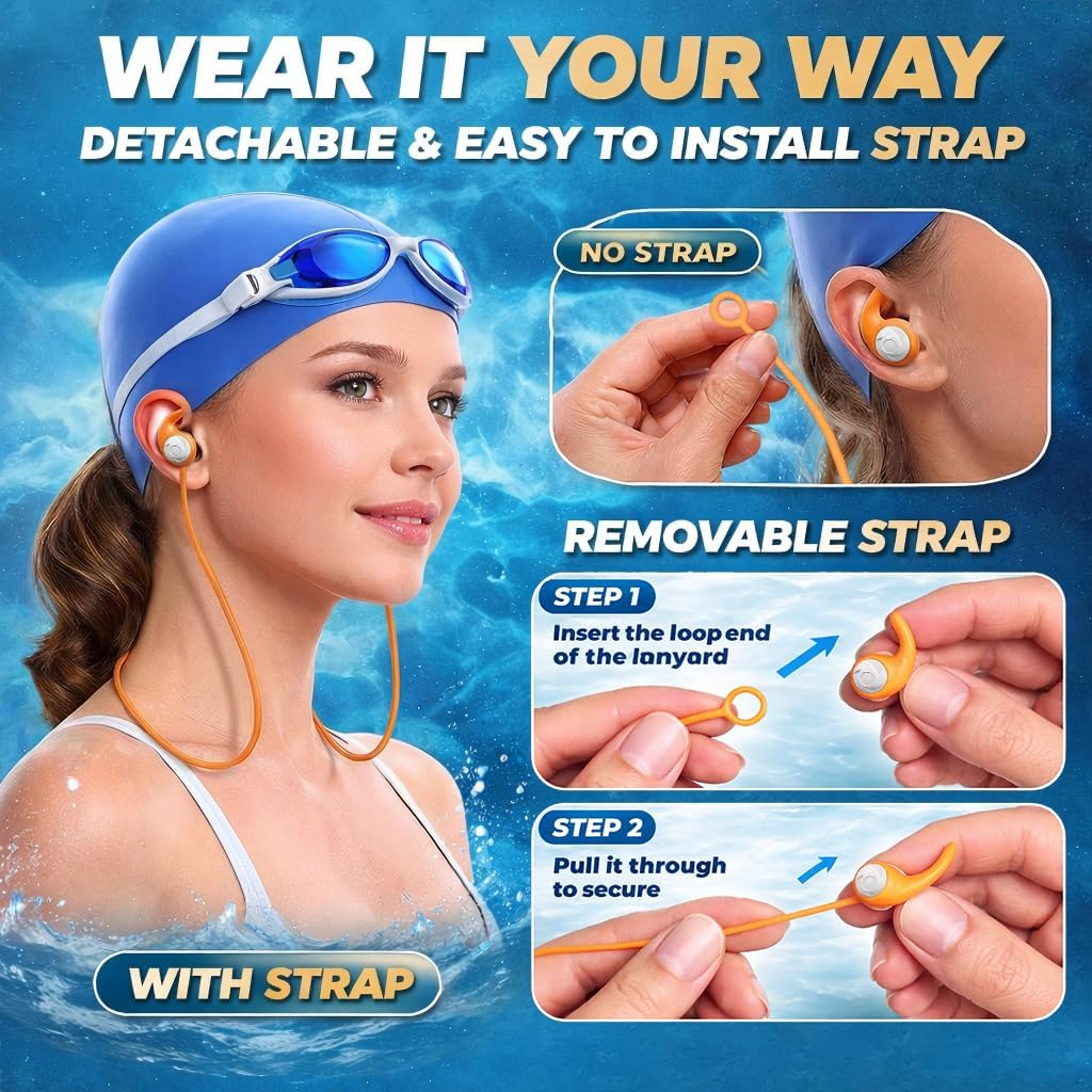 Detalle de Swimming Ear Plugs for Adults with Lanyard – 3 Pairs Waterproof Reusable Soft Silicone Earplugs