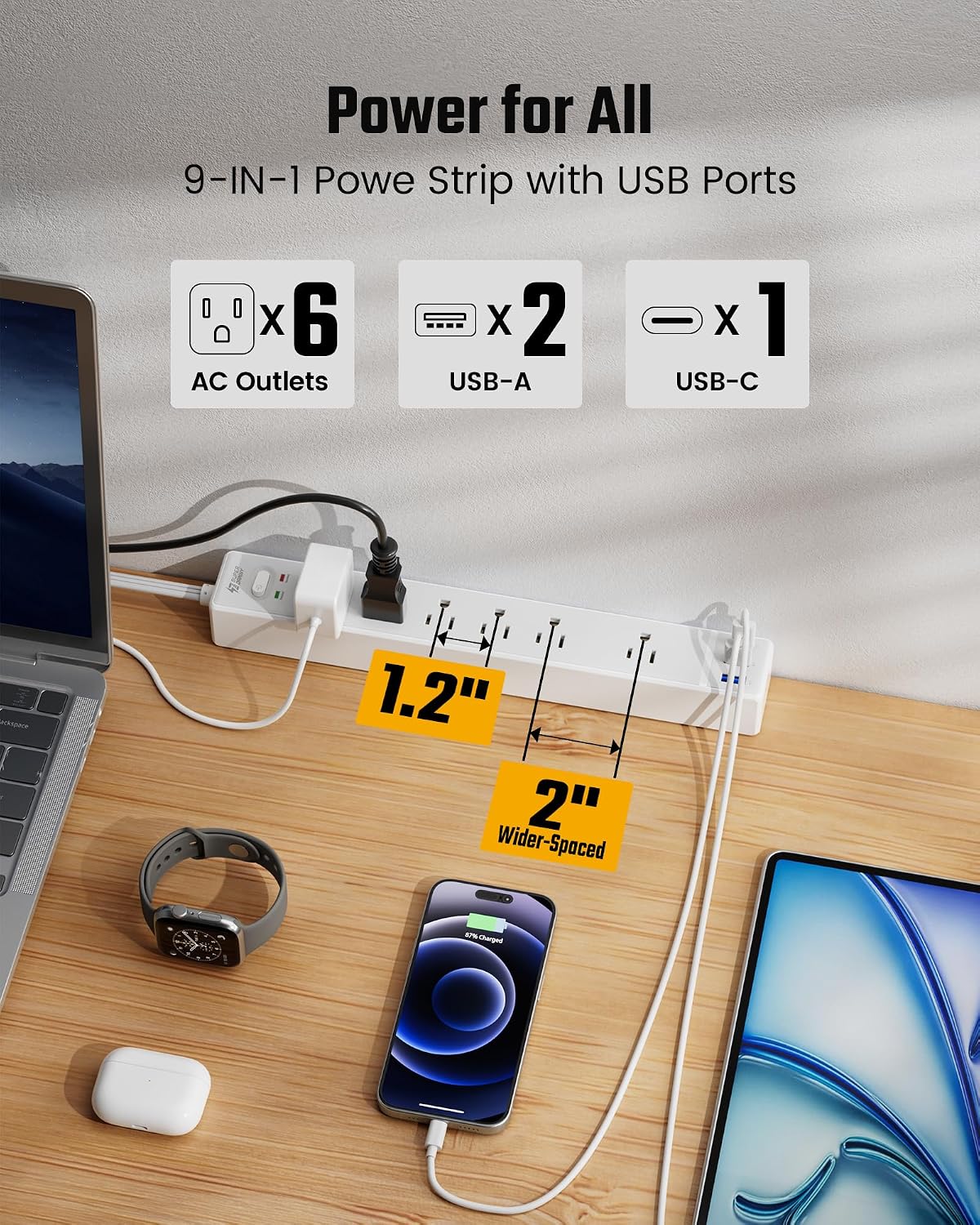 Detalle de SUPERDANNY 10 Ft Flat Plug Power Strip 6-Outlet 3-USB 🔌