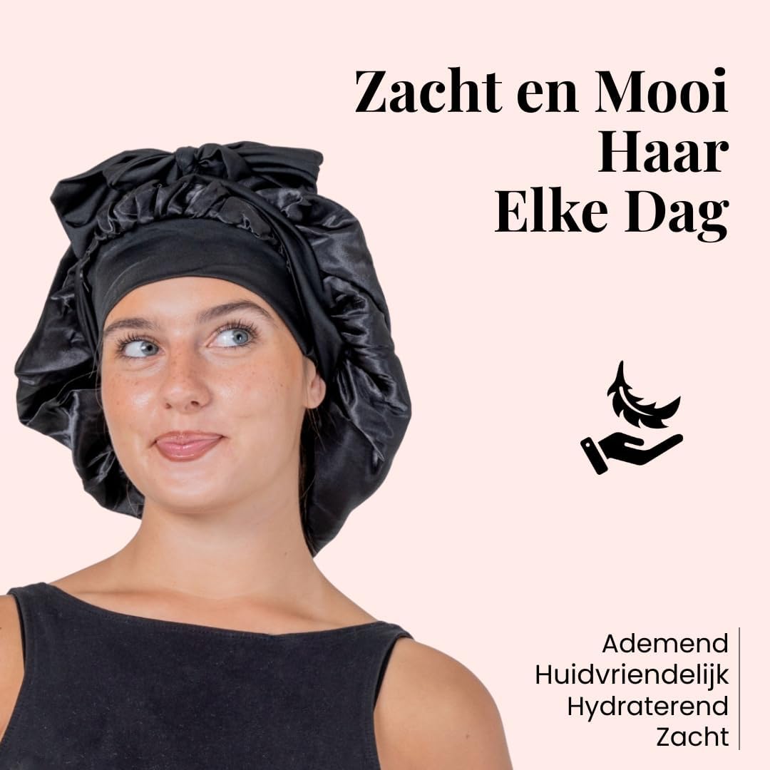 Detalle de Beyeza satijnen slaapmuts 2 stuks, dubbel gevoerd, 36 cm, zwart