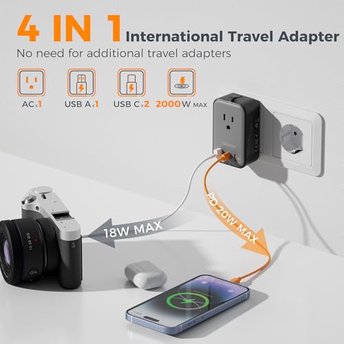 Detalle 2 de TESSAN Travel Adapter 009: PD 20W Universal Power Adapter with 2 USB-C and 1 USB-A