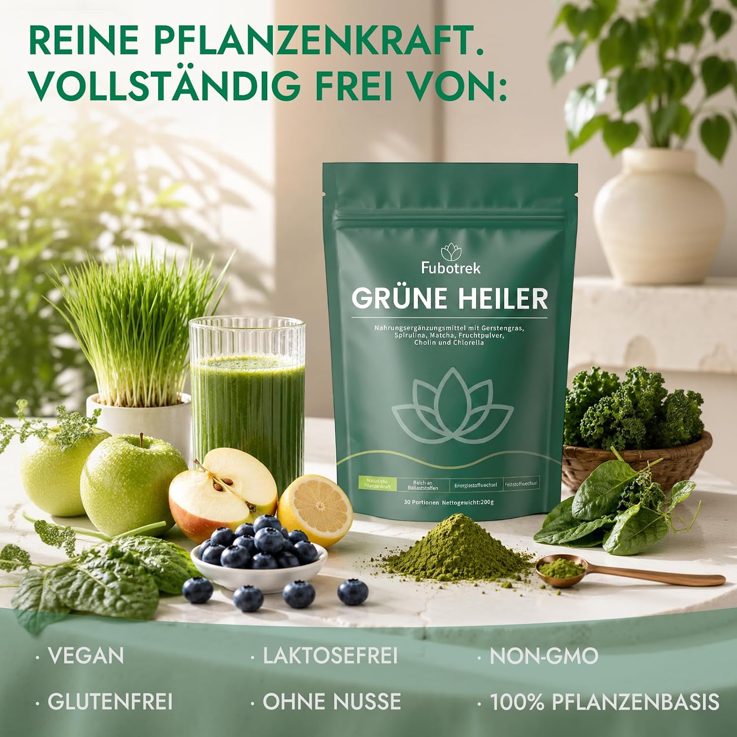 Detalle de Grüne Entgiftungspulver 200 g – Matcha, Spirulina & Heidelbeeren