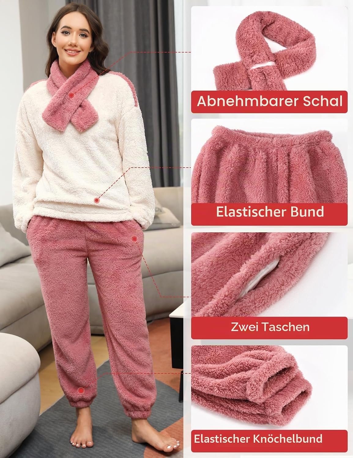 Thumbnail 3 de TOMEEK Damen Schlafanzug Set Winter – Kuscheliger Polar-Fleece 3-teilig (Langarm-Oberteil, Hose, Schal) in Orange/Rosa, Größe M