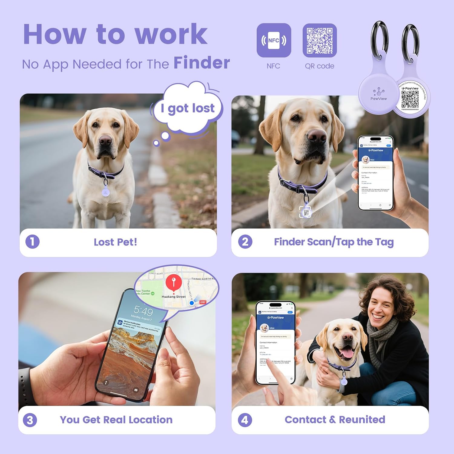 Detalle 2 de PawView QR Code Pet ID Tag (UK) – Waterproof Silicone Dog Identity Tag with QR/NFC Instant Alerts (Purple)