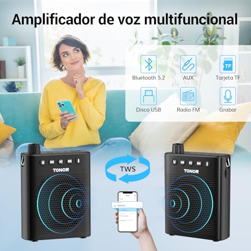 Detalle de TONOR K10: Amplificador de voz Bluetooth portátil 10W para docentes, guías y entrenadores