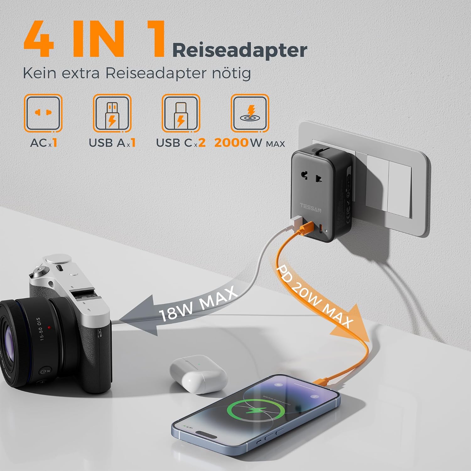 Detalle de TESSAN adapter podróżny z USB-C PD 20 W, 3 portami USB i wtyczkami A/C/G/I